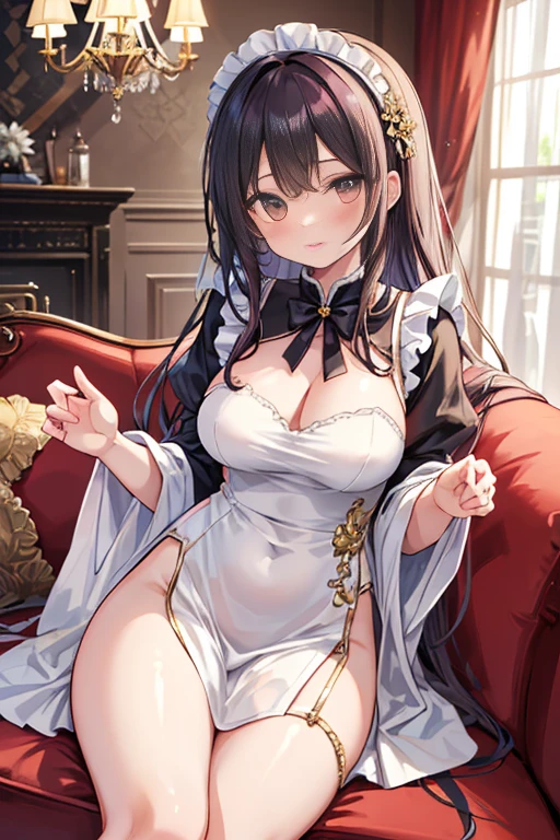 (one girl:1.2), (alone:1.2),(13 year old girl)、young girl、big breasts、 table top, nffsw、shader、highly detailed eyes、long black hair、silky hair、ultra-intricate pupil in eyes、highest quality、Dresses that are too big for your body type、hide cleavage、Low exposure、bright colors、bust 85、Standing picture of the game、Pose to emphasize、Mini skirt dress(Large and wide々it was、white)(big fluffy costume)(side boob)、Mini skirt dresses、panty shot、thin legs、barefoot、Arm Crossing Pose、bare hands、stinky eyes、ニヤリit was表情、evil smile、Showing the soles of the feet、whiteい衣装、