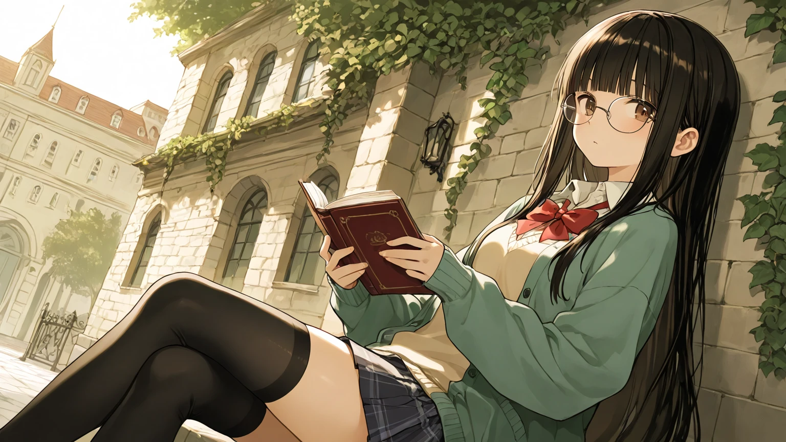 1girl，((Smooth black hair in a ponytail blowing in the wind，Clear black eyes))，((masterpiece，Very realistic，A detailed anime wallpaper:1.4))，((Perfect Anatomy:1.2))，Cute symmetrical face，CG Unity 8k，((Black long-sleeved sailor suit，black pleated mini skirt，Intellectual glasses，Black thigh-high socks))，8K quality，Extremely sophisticated digital art，((He is squatting with his legs spread on the bench and reading a book.:1.55))，A perfect, cute, and excellent girl，Looking at the camera with a gentle smile，A soothing smile，Very large breasts，Extremely detailed hair and face，Artistic pastel art，((A tree-lined road at dusk with autumn leaves fluttering beautifully:1.1))，((Stand on a bench with your knees raised and your legs apart:1.54))，Professional Lighting，Supermodel，((Red lace sexy panties:1.29))