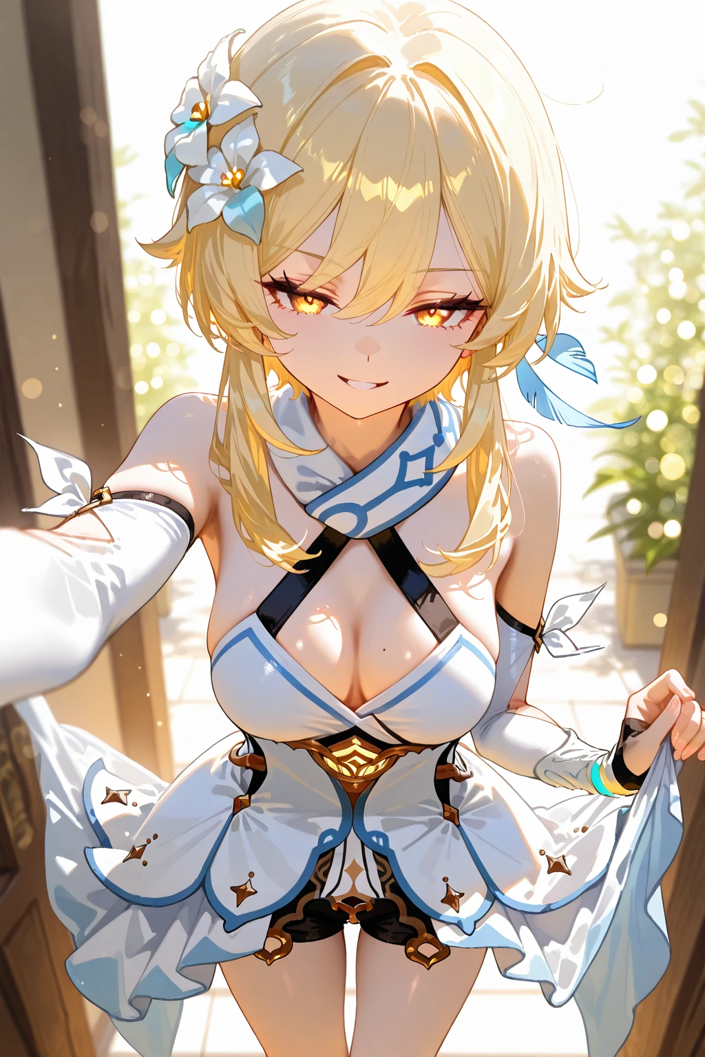 masterpiece, best quality, very aesthetic, absurdres, newest,1girl,delicate face,expressionless,huge ,(semen,semen on thigh gap:1.3),lumine_(genshin_impact),genshin_impact, 1girl, black_gloves, blonde_hair, breasts, cleavage, detached_sleeves, dress, flower, gloves, hair_flower, hair_ornament, medium_breasts, short_hair_with_long_locks, sidelocks, sleeveless, sleeveless_dress, vambraces, white_dress, white_flower, yellow_eyes,,in a traditional chinese room