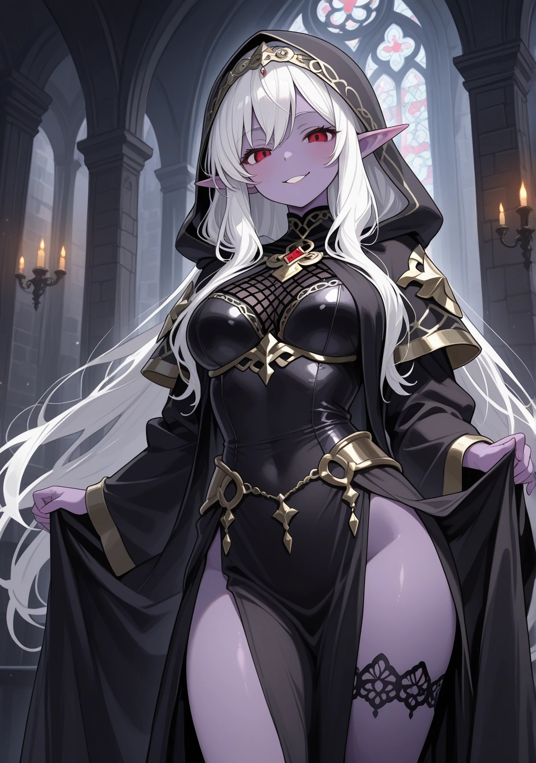 {{dutch angle, upper body}} {{Artist: sincos}} 1girl, solo, mature female, demon girl, white hair, long hair, black demon horns, orange eyes, glowing eyes, straight hair, lips, grey skin, dark skin, large breasts, purple robe, black royal dress, half-closed eyes, seductive smile, looking at viewer, night, medieval fantasy.