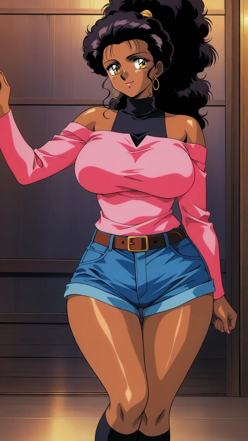 1990s, (masterpiece), high-definition, detailed face, korean girl, abs, (big tits: 1.4) big hips, messy (dark purple and blue hair), orange eyes, grey turtleneck sweater, jacket, (red tight skirt: 1.3), belt, (thong: 1.4), thigh high stockings, boots, fishnet, living room, sitting on a couch, (messenger bag: 1.3), sunset