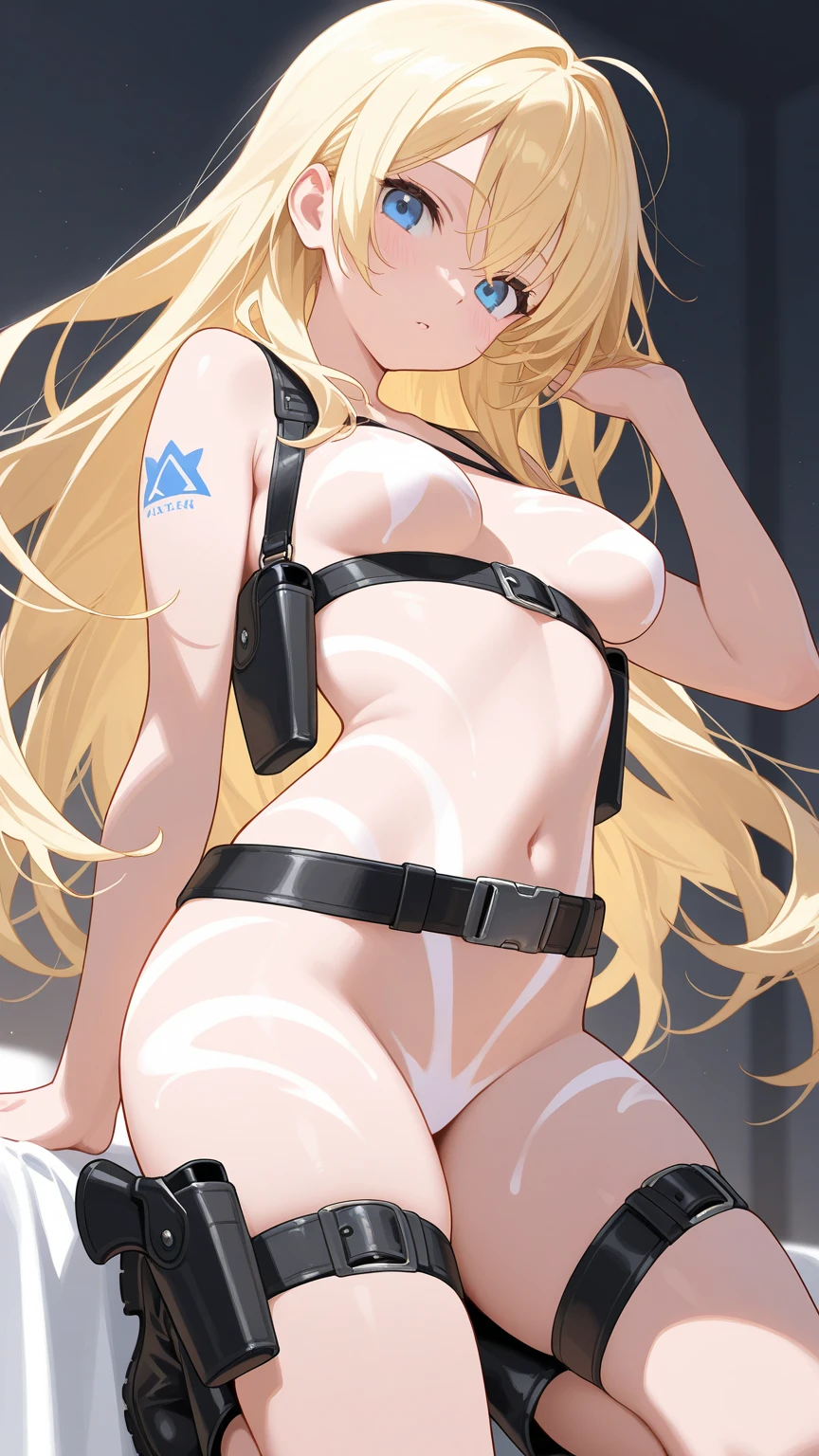 Super detailed、highest quality、Best image quality、masterpiece、8K、Anime Face、A kind smile、Open Mouth、Sparkling Blue Eyes、(Long blonde curly hair:1.4)、Wearing a maid headband、(SFW huge body)、(((Rear view)))、Cowboy Shot、(Wearing a white thong:1.5)、Muscles of the whole body、Hands on hips、Stick your ass out
