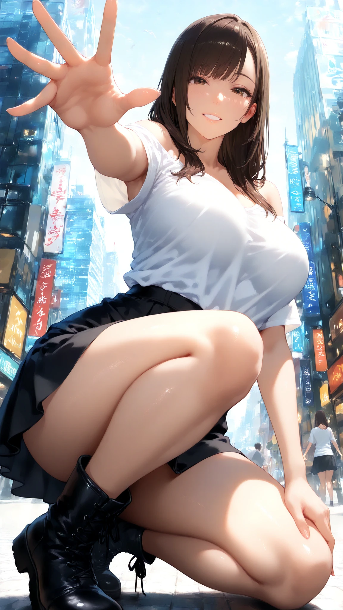 super high quality, Very detailed,Perfect photo,3D,8k,High resolution smooth anime CG art anime (highest quality、High resolution、Detailed Background)、(Very detailedな美しい顔:1.4)、cute teenage girl、Brown hair or cute hair color、Braided bob cut、Huge breasts、Realistic、Perfect body line、cute、Beautiful girl taller than a building、aerial photograph、aerial photograph、Sit in the building、Destroying the city with a smile、 (A giant girl bigger than a skyscraper destroys the city of Shibuya:1.5)、cute swim suit、School swimsuit Lying down