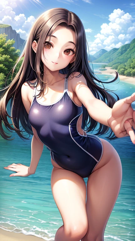 highest quality、Realistic、zoom、Chestnut Hair、Gray Eyes、long hair、One piece swimsuit、Sunburned、Tan、Brown Skin、Sweat、smile、、Ocean、Plump、Full Body、