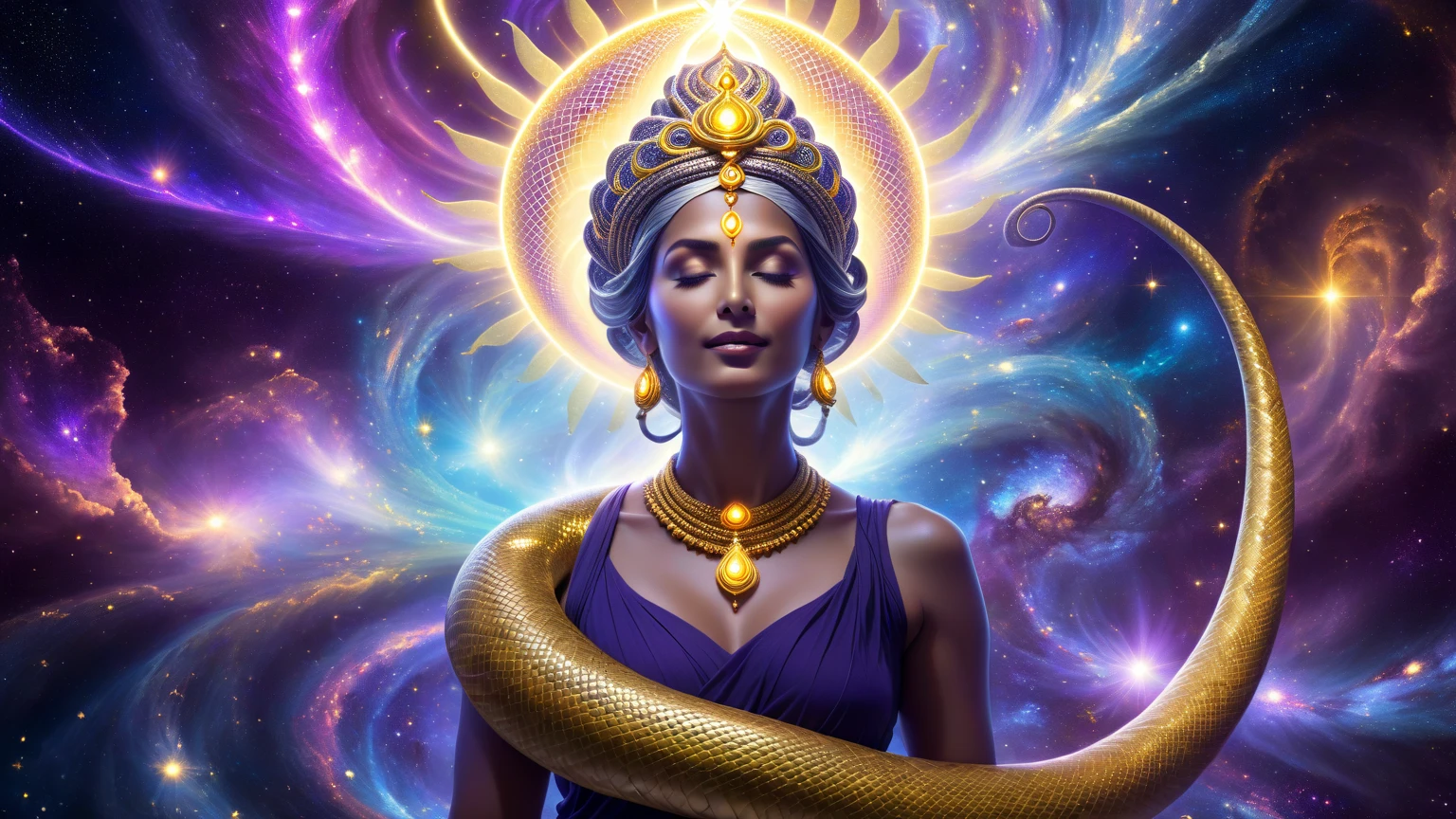 high quality, 1girl woman, ((indian) goddess), buddhism, shiva, mahadeva, (diaper), using magic skull weapon, (battle scene), against immortal Huaguang, in space, floating over planets, quantum river, futurism, photorealism, super realistic photo in high detail, black and gold, vivid