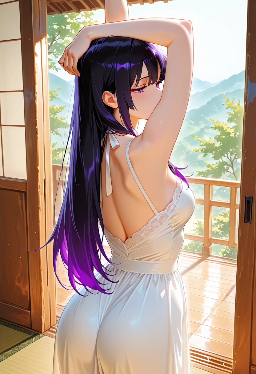 high definition, 8K, detailed face, ((big ass)) grabbing her ass, showing her ass, bending over, Komi, ((Deep purple eyes)), ((white lingerie)), spa, ((large breasts)), slim and thin, body of equal proportions, ((focus on her ass)), back view, four fingers and 1 thumb, ((2 hands)), Purple hair, Beautiful smile, Smiling at viewer, blushing cheeks,