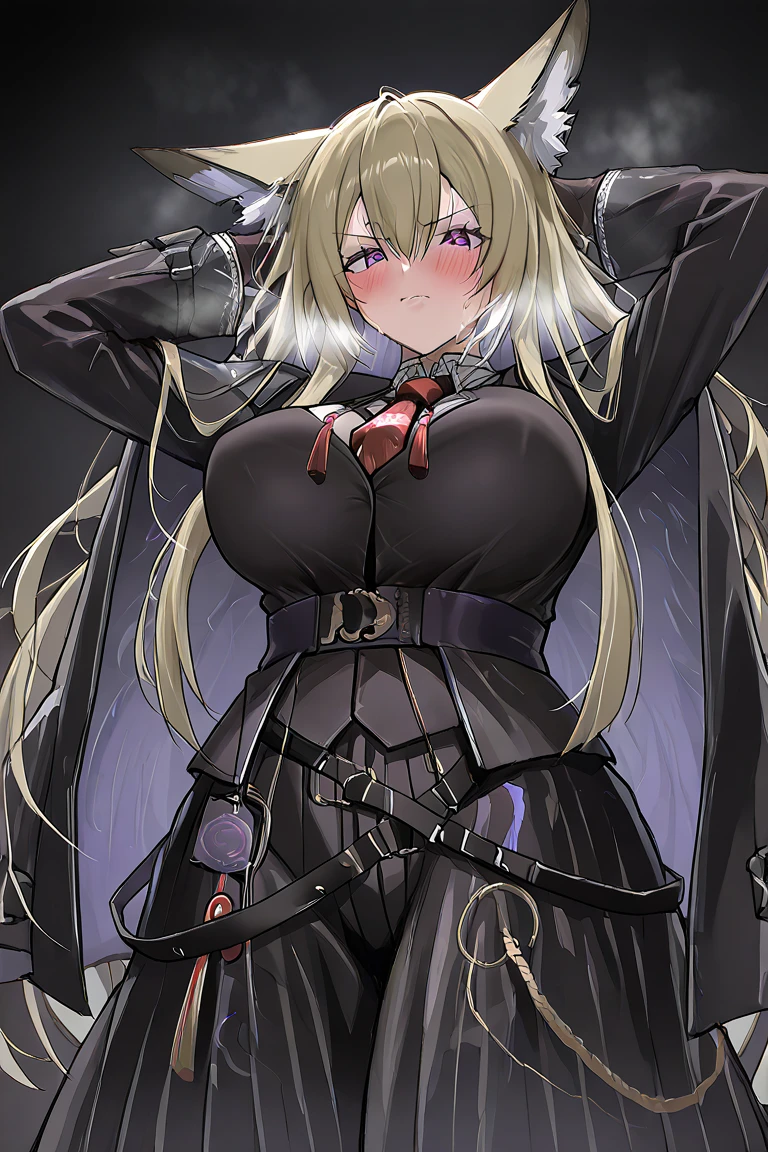 Blonde hair with red eyes,Tsundere,dual horsetail,Lori huge breasts cleavage,flatchest,blacksilk,short skirt,The shirt,Vampires