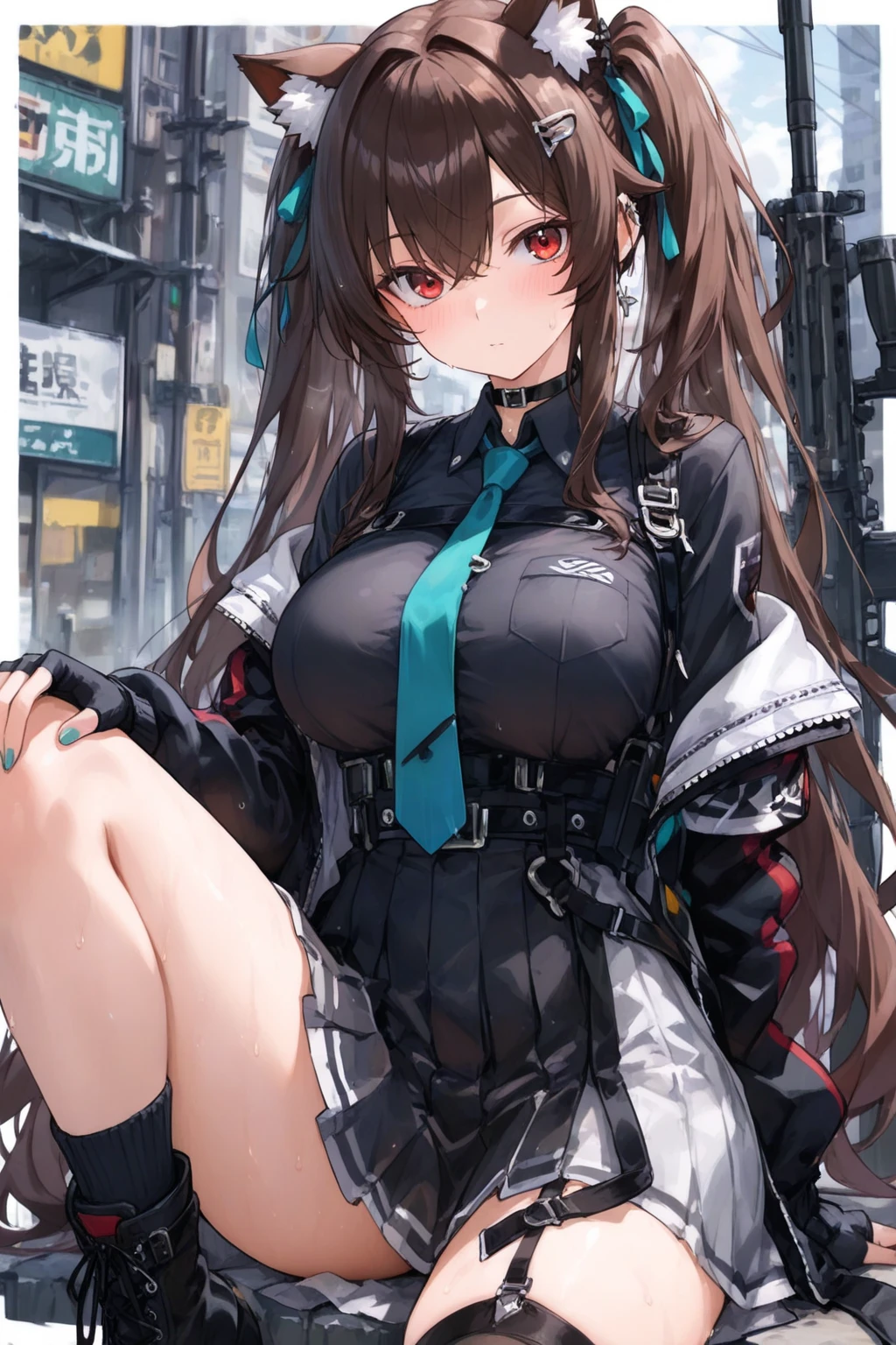 Dark gray half chest mecha，long black hair，wavy hairstyle，Huge breasts，Cleavage，Pistol hanging from waist，fighter pilot，fighter hangar，Sexy，Lipstick，Gray eyes，stockings，Short skirt，Smile，earrings，Nipples exposed，Full body，Big Ass，commander