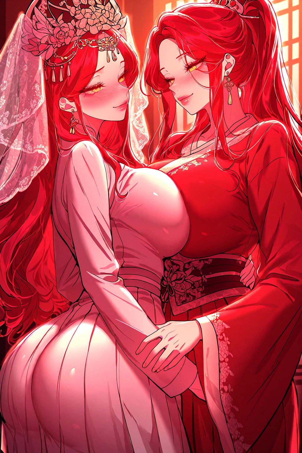 2girls,girl1:adolable,A pink-haired,Long whit hair,white stockings,robe blanche,Girl 2:adolable,A pink-haired,Long whit hair,white stockings,robe blanche。Kisses and hugs
