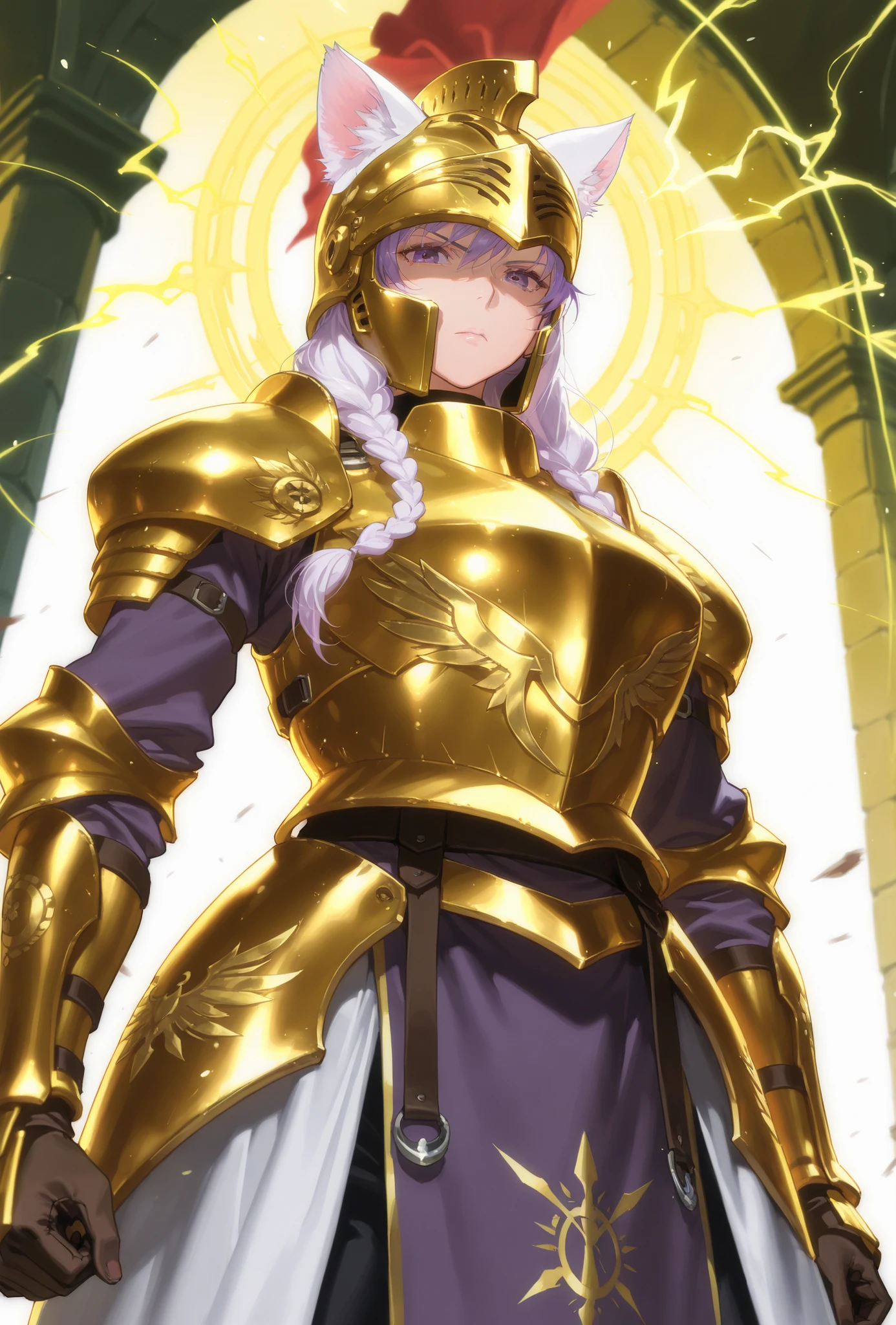 master masterpiece, 4k, score_9 , score_8_up , score_8 , score_7_up score_6_up score_5_up score_4_up, solo, highly detailed, dynamic angle, purple and gold, golden aura, pruple lightning, woman, mature woman, cat ears, white and purple hair, hair braids, spartan helmet, helmet,  white hair, white fur, purple eyes, god, divine, archer, medieval, armor, legendary armor, serious, looking at viewer