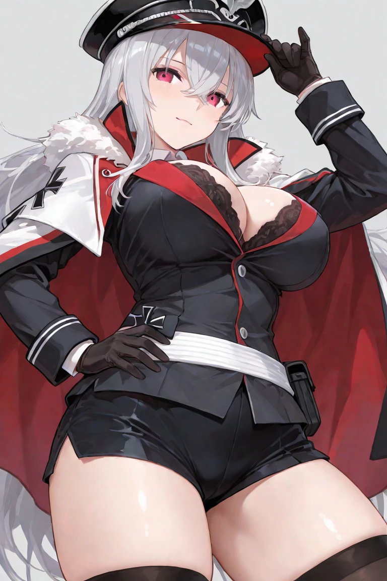1girl, white hair, very short hair, red eyes, serious, glowing eyes, large breasts, thick thighs, athletic female, toned, leotard, black leotard, thighhighs, belt, knife, knifes, pantyhose, black pantyhose, hood, hood up, hood on, black hood,