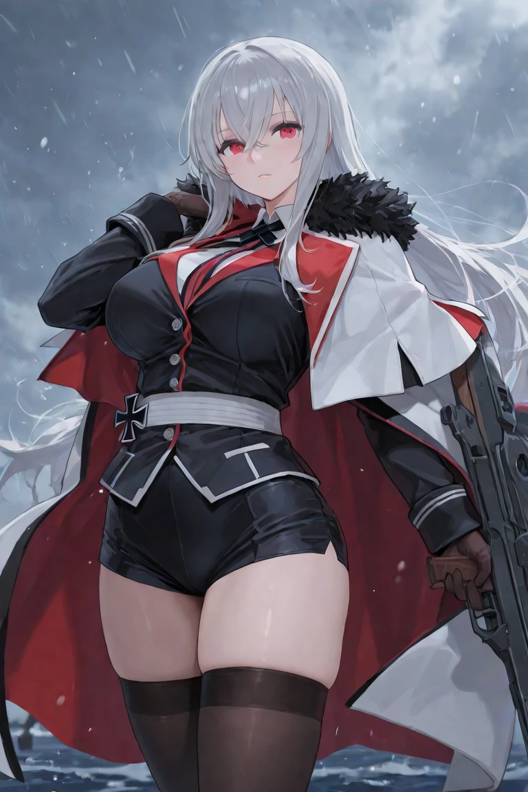 1girl, white hair, long hair, red eyes, serious, glowing eyes, large breasts, thick thighs, mature female, toned, leotard, black leotard, thighhighs, belt, knife, fur trim, fur, jacket, pantyhose