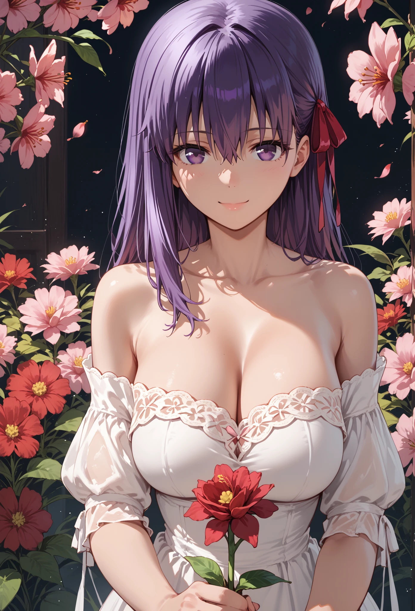 (best quality:1.1), (masterpiece:1.2), portrait, 1girl, yuzuriha_(jigokuraku), purple hair, brown eyes, ninja, open clothes, cleavage, small breasts, topknot, medium hair, breasts apart, white obi, smirk, outdoors, (blush:1.1), flowers (NSFW 1.5)