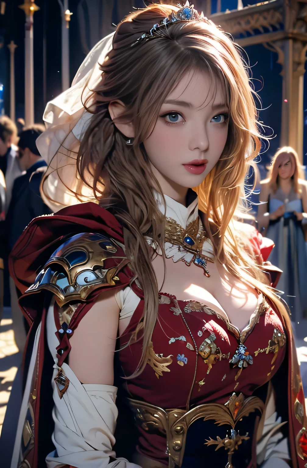Woman portrait、Highest quality、Rear view、8k, clear, Fine skin、Clear, beautiful eyes、Cleavage、Carefree and natural smile、whole body、Curly Hair、(My hair was messed up by the wind)、The beauty of a smile、(Glamorous Muscle、tall),(Hip_superior, Hip superior), 金のprincess,( Watching the audience),(Jewels and red and white knight uniform, Intricately decorated armor,Dressed in gorgeous red and black,Blonde Hair,ponytail,bangs,princess, White and red chest armor, Super Beauty),(bokeh), (Detailed face),Gold ribbon,((Steampunk Android Suit、Kalocsa embroidery)),(Red and white stripes,Sailor-style armor with collar,lolita fashion),(Red and white mechs,Large gemstone,Steampunk Lolita fashion、Steampunk white dress shirt、buttons、spikes,Beads,elbow gloves,Short jeweled tie、Gemstone Helmet,belt steampunk bodystocking,High leg,fake animal ears),((arms behind back)),(bokeh),(studio lighting)