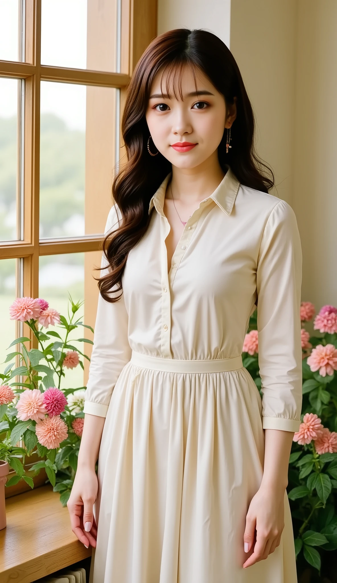 Semi-realistic digital painting of a beautiful young east asian model, fair complexion, wearing a soft ivory silk blouse and vintage skirt. She stands by a sunlit window surrounded by flowers in a cozy atelier. Her hazel eyes and rose-tinted lips are softly defined, with painterly blush. Gentle natural light and warm brush strokes. Painterly style with smooth blending, oil-on-canvas feel, warm and soft color palette.