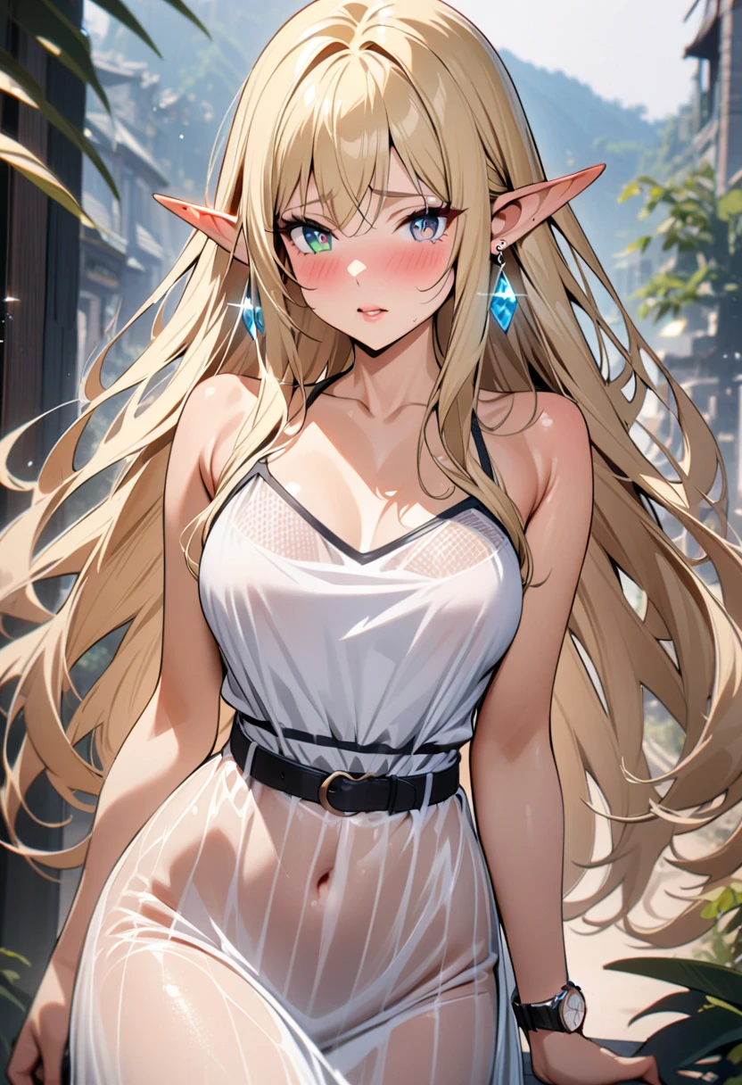1 woman, Beautiful elf lady, silver Long straight hair, upturn elf pointy ears, blue eyes, sexy figure, hot body, very beautiful face, detailed face, delicate eyes, detailed pupil, beautiful and delicate lips, blush, shy, heart, in love, light smile, white camisole long skirt, Simple and stylish, small crystal earrings, hand drawn animation, high detailed, outdoor, symmetrical clothes, best quality, masterpiece, retina,