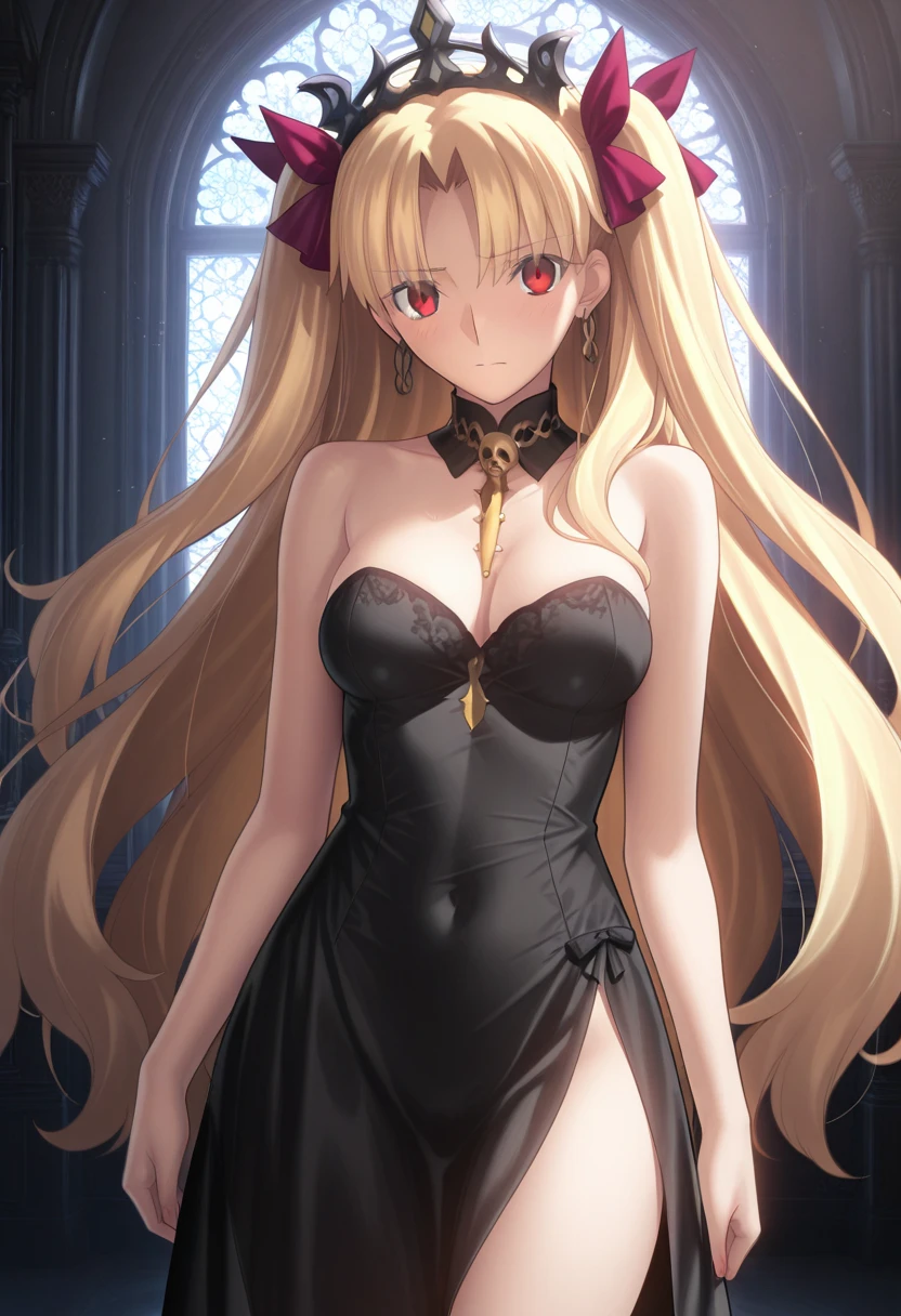 ereshkigal, ereshkigal yd, blonde hair, earrings, hair bow, hoop earrings, jewelry, long hair, (parted bangs:1.5), (red eyes:1.5), two side up,
anklet, asymmetrical legwear, asymmetrical sleeves, black legwear, black leotard, black nails, bow, crown, gold, gold trim, leotard, nail polish, purple bow, single sleeve, single thighhigh, skull, spine, thighhighs, uneven legwear, uneven sleeves, yellow footwear,
BREAK outdoors, city,
BREAK looking at viewer, (cowboy shot:1.5),
BREAK (masterpiece:1.2), best quality, high resolution, unity 8k wallpaper, (illustration:0.8), (beautiful detailed eyes:1.6), extremely detailed face, perfect lighting, extremely detailed CG, (perfect hands, perfect anatomy),