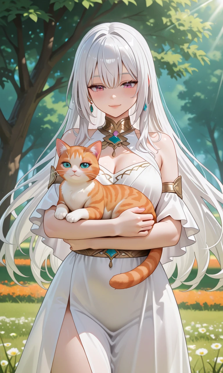 one-girl,long whitr hair,Pronounced cleavage,White gauze dress,Delicate face,Perfect body proportion,big breasts thin waist,slender leg,Milky skin,With a smile,inside a library