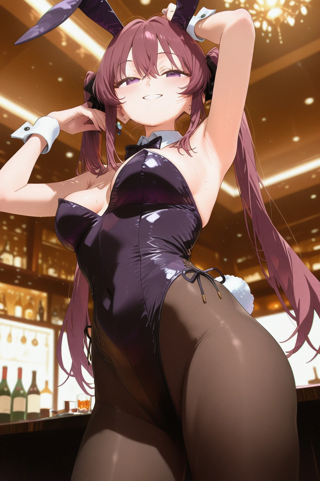 Image of a  anime girl with exposed  and  sitting in a kitchen holding a drink, one girl, Rosalia (Genshin), , solo, fishnet stockings,  ears,  tail, pantyhose, fishnet stockings, , purple hair,  shoulders, alcohol, thigh straps, Playboy , rabbit ears,  focus, cup, drinking glass, bar (place), bottle, leotard A character named Kafka from Collapse Star Rail  a yellow gas-like gas from his  towards his  Has a heart and skull mark on his 
