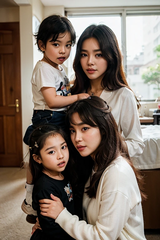 There is a chubby, bespectacled mother with brown hair and brown eyes. and a small child with dark skin and black hair and another , tall, white skin, black hair