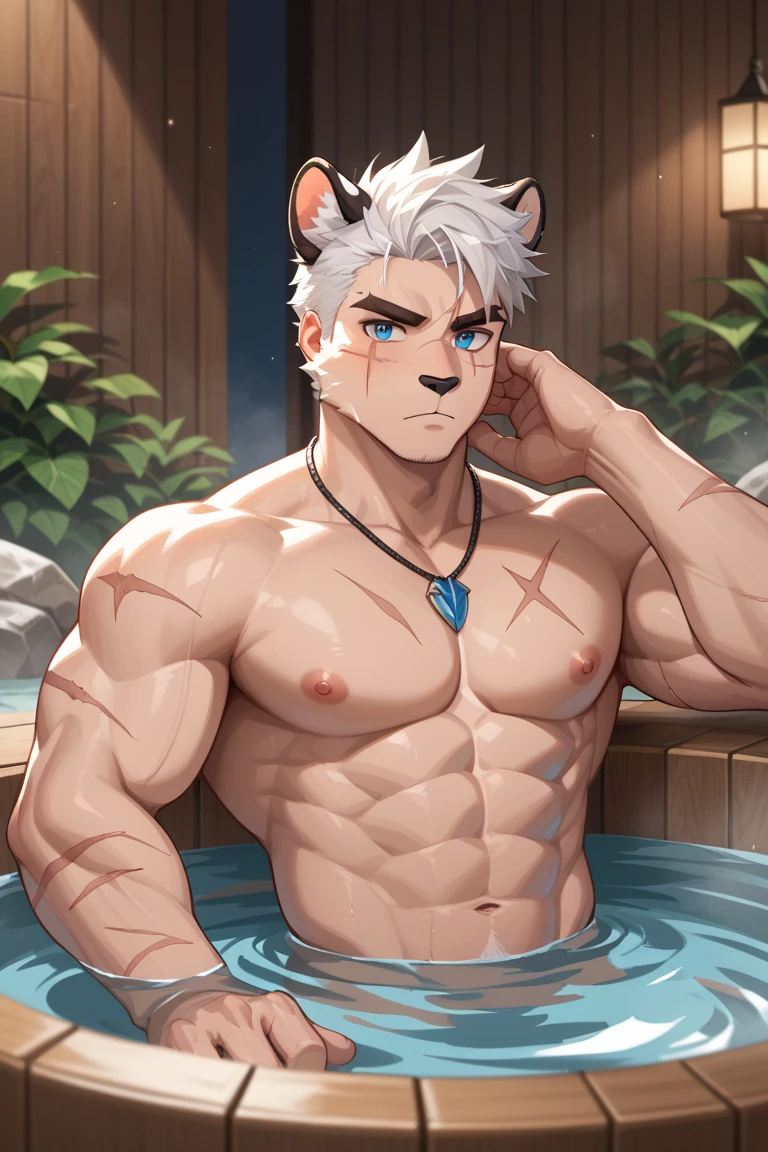 (masterpiece,Highest quality,Super detailed,Perfect Anatomy),kemono,From null-ghost,alone,Humanity, naked,Lion (White fur:1.5,White body:1.5),Lionの尻尾,Big eyes,Black eyebrows,black eye,thin,bangs,Detailed Background,8k hd,Very detailed,smile,hot spring