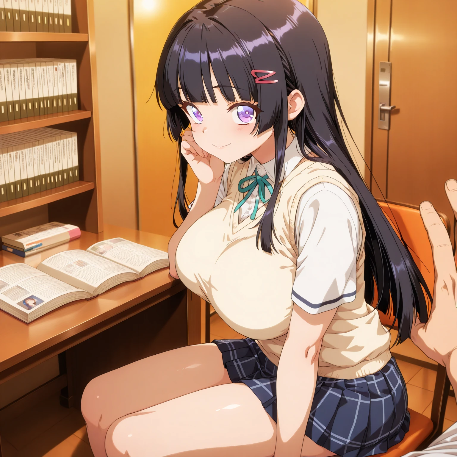 from behind、(Close ~ eyes、close your eyes:1.2)、((she is completely naked))、((Glasses))、Super detailed illustrations、Super precise expression、masterpiece、highest quality、ultra High resolution、High resolution、(big breasts、Sweat、body fluid)、shiny skin、(black hair、long hair、Braid、Patsun bangs、blue eyes)、(1 boy、penis、doggystyle、sex from behind)、classroom、blackboard
