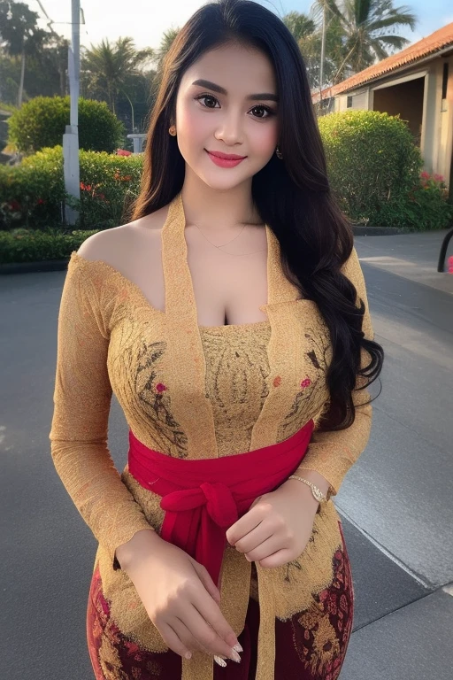 photography, woman,  portrait of woman wearing kebaya_bali in black long kebaya dress traditional, looking to camera, red lipstick, golden necklace, earrings, ornate, detail, flowers, blurry background, soft focus
