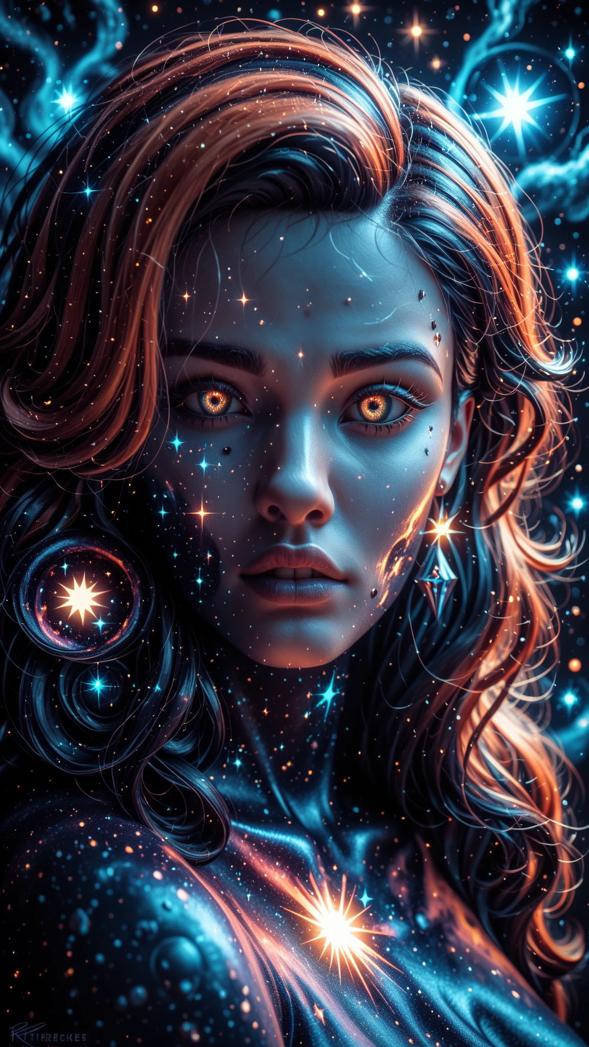 ((This is a dark masterpiece with deep shadows.)) Generate a  female dark divine being with ((pure black galaxy skin)). Her face is onyx black but still detailed and stunning. (Her face is important and has realistic shading and puffy lips). Her (opaque) eyes are luminous and shimmering in hues of purples and blues. This image is compelling with dynamic composition and energetic posing. Include many fantasy details such as bumps, phantasmal iridescence, glitter, galaxy, cosmos, ((dark celestialskin body, void cosmic body)), (((dark background))), (((lights off))), (((hollywood dark))), horror, dramatic shadows, (in a dark fantasy space:1.3, glitter, sparkle, gleam)
