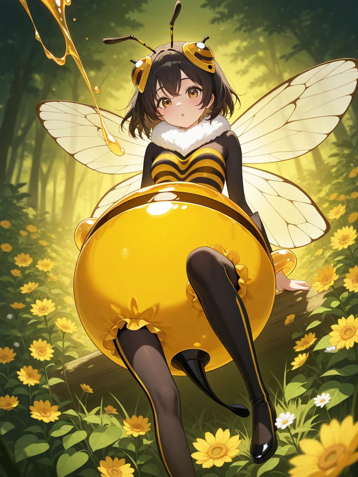 score_9, score_7_up, score_6_up, 1girl, source_cartoon, source_anime,breathtalking Scenery,watercolor,smooth soft skin, natural skin,
BREAK 
(hornet girl:1.4), bee girl,(little female child:1.3), (loli:1.3),6 yo, smile,baby face,small ??????, cute face,oily skin,(Phat ???:0.8)
BREAK 
(black bob cut:1.5),(yellow gradient hair:1.2),(yellow dip-dye hair:1.1),(black lob hair:1.2),ahoge,(nail_polish:1.1), black eyes,
BREAK 
(bee antennae:1.3), (PVC material Extremely small bee wings:1.2), (bee wings:1.1),
BREAK
(empire-Line wedding dress:1.1),(silk veil:1.3),high heel,silk cape,(blush:0.8),pierce,
BREAK 
In a secluded setting, surrounded by a dense forest, the bog lay hidden like a secret gem, its misty surface whispering tales of ancient times,dynamicangle,dynamicpose,
