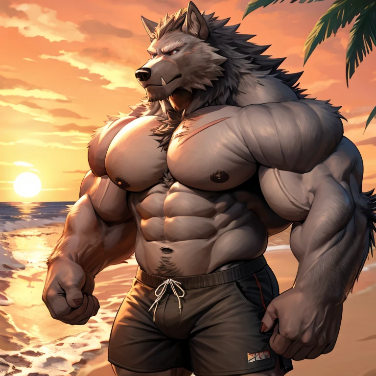((masterpiece)), ((high resolution)), ((Anime style)), ((best quality)), ((super fine illustration)), ((highly details)), ((8k)), ((detailed face)), ((detailed hands)), ((detailed body)), ((detailed eyes)), ((SFW)), ((solo)), ((uploaded on e621)), (by slugbox), (by bonifasko), (by cervina7), (by null-ghost), ((German shepherd dog)), ((fluffy dog)), ((male anthro)), ((anatomically correct)), ((pawpads:1.3)), (five fingers), ((tuft)), ((fluffy fur:1.3)), ((fluffy fur body:1.3)), ((detailed fluffy fur)), (big yellow eyes), ((looking at viewer)), ((shoot from front)), ((close up portrait:1.6)), ((furry)), ((huge muscular male:1.3)), ((muscular figure)), ((massive and strong body)), ((vein:1.3)), ((veiny muscles:1.3)), ((huge pecs:1.4)), ((big muscles:1.3)), ((muscular arms)), ((muscular legs)), ((six pack abs:1.6)), (Oblique muscle), serratus anterior muscle, ((thick thighs:1.3)), ((blush)), (long snout), (big tail), (canine teeth), (fangs), open mouth, ((breath visible)), ((sweaty:1.8)), ((many scars are covered in the body)), ((many scratches are covered in the body)), ((a lot of claw marks are covered in the body)), ((scars on face)), ((scar on eye:1.4)), ((detailed scars)), ((wearing dog tags:1.6)), ((dynamic pose)), ((in the seaside)), ((on the beach)), ((the sun)), ((a crowd of furry:1.3)), ((detailed background)), ((cinematic lighting)), ((gorgeous light and shadows)), ((highly detailed background)), ((wearing hot pants:1.6)),