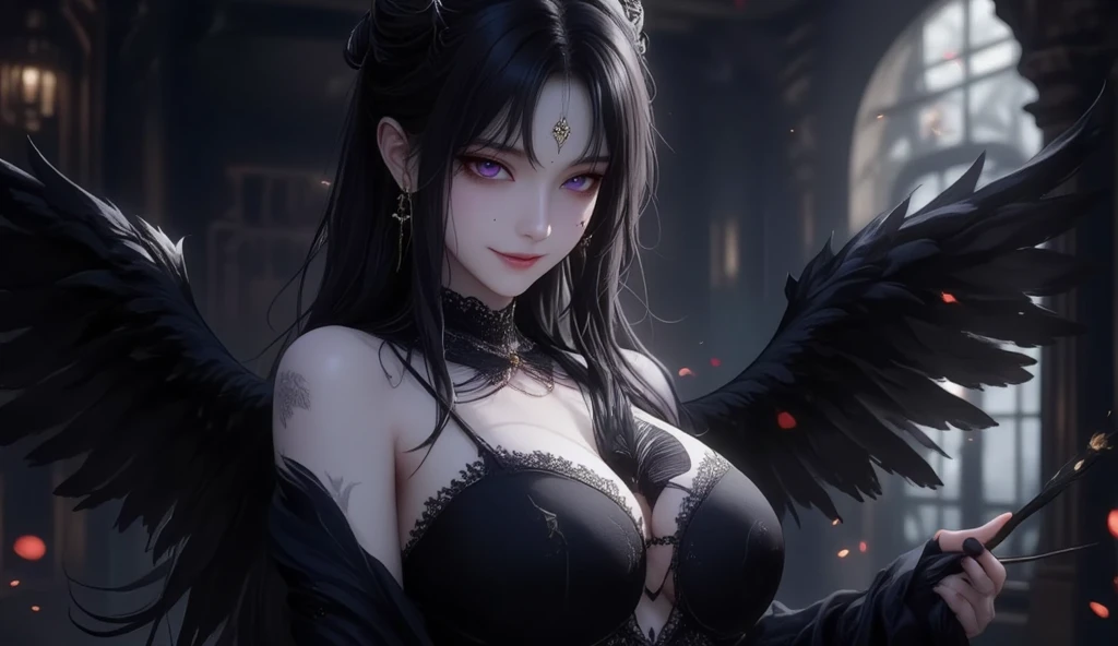 black long hair, the girl has true red eyes, tifa lockhart, The girl is 16 years old, beautiful skin, realistic anime, anime realism style, Output in 8K, highest quality,Natural light, professional lighting, shiny skin, silky skin, lay tracing, wing on the her back, Angel, Satan, wing, Dark Moon, big moon, dark night, Moonlight, Angel wing or devil wing, Angel tifa or devil tifa,