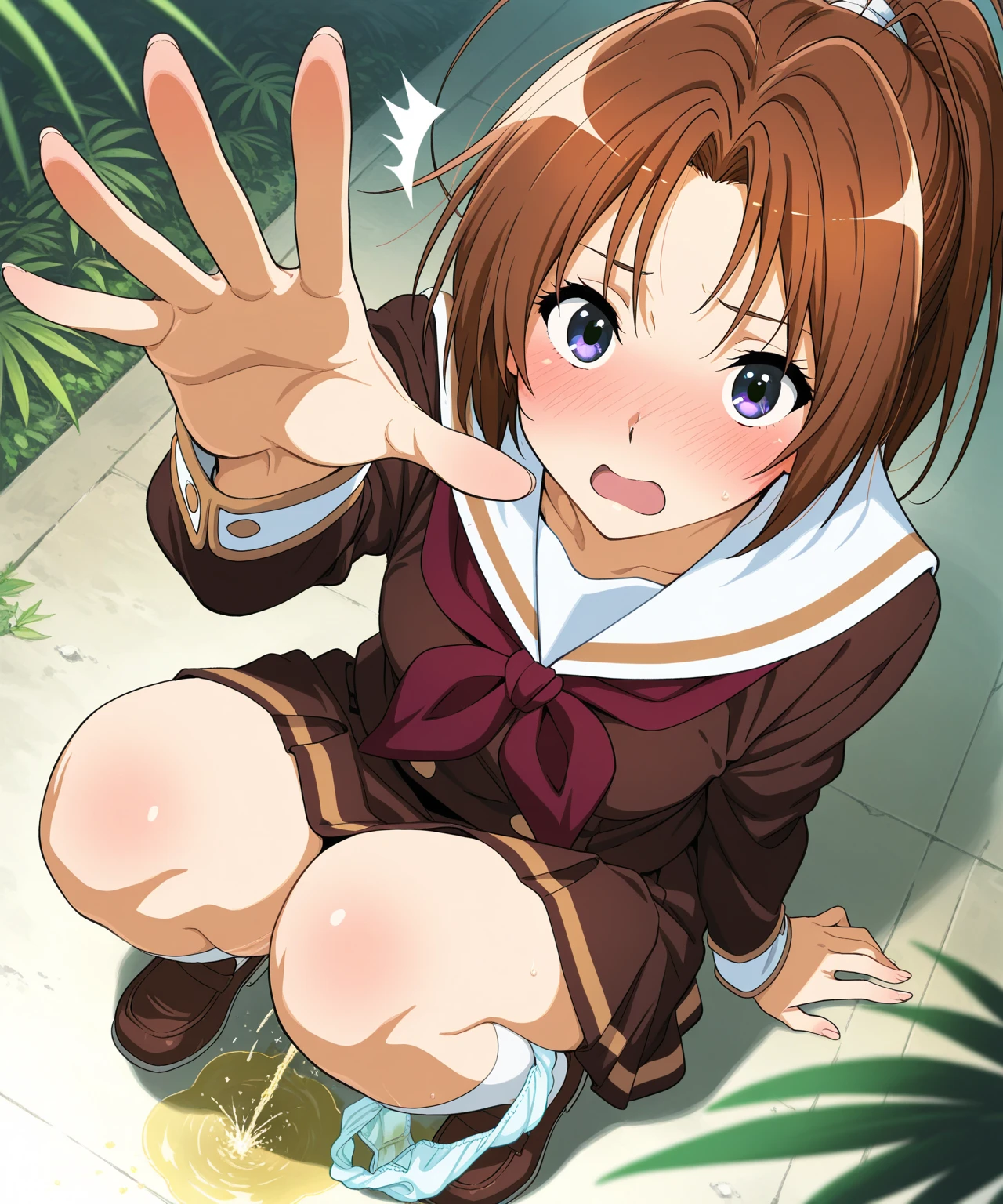 1girl, blue school outfit, torn printed panties, bare ass, hanging up, surprised, green eyes, brown hair, forest background, bite marks on ass, (ass bitten by grey wolf)