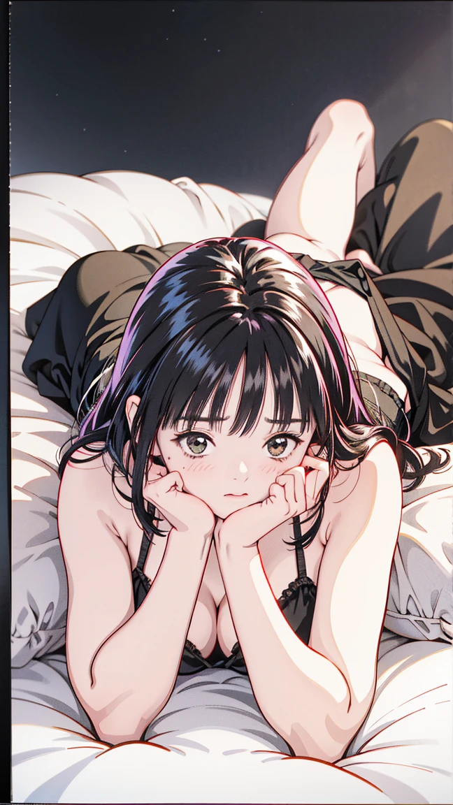 A girl with black hair and twin tails lying on a bed in a camisole