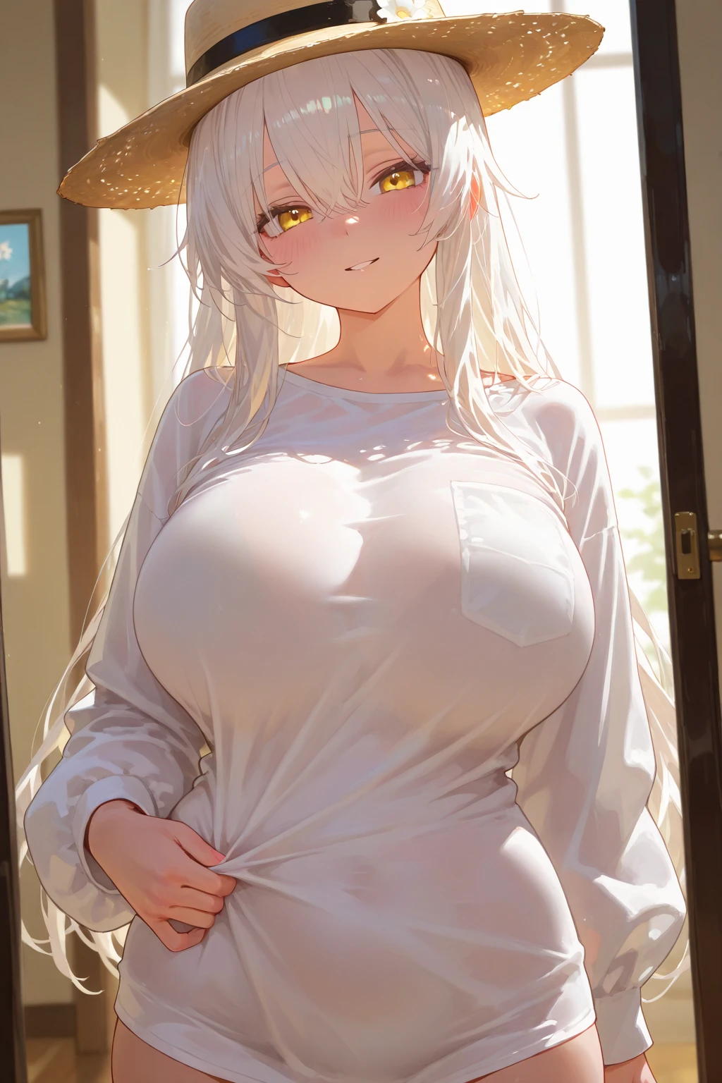 The entrance of the apartment、In front of the door、Invite、milf, beautiful woman、((sweat,steam, Vulgarity)), white long sweater dress、big cleavage、Sticky clothes、full shot, long hair、Makeup、Pink shiny lipstick、long shot, Beautiful depiction、detailed person、detailed background、Ultra High Definition Animation