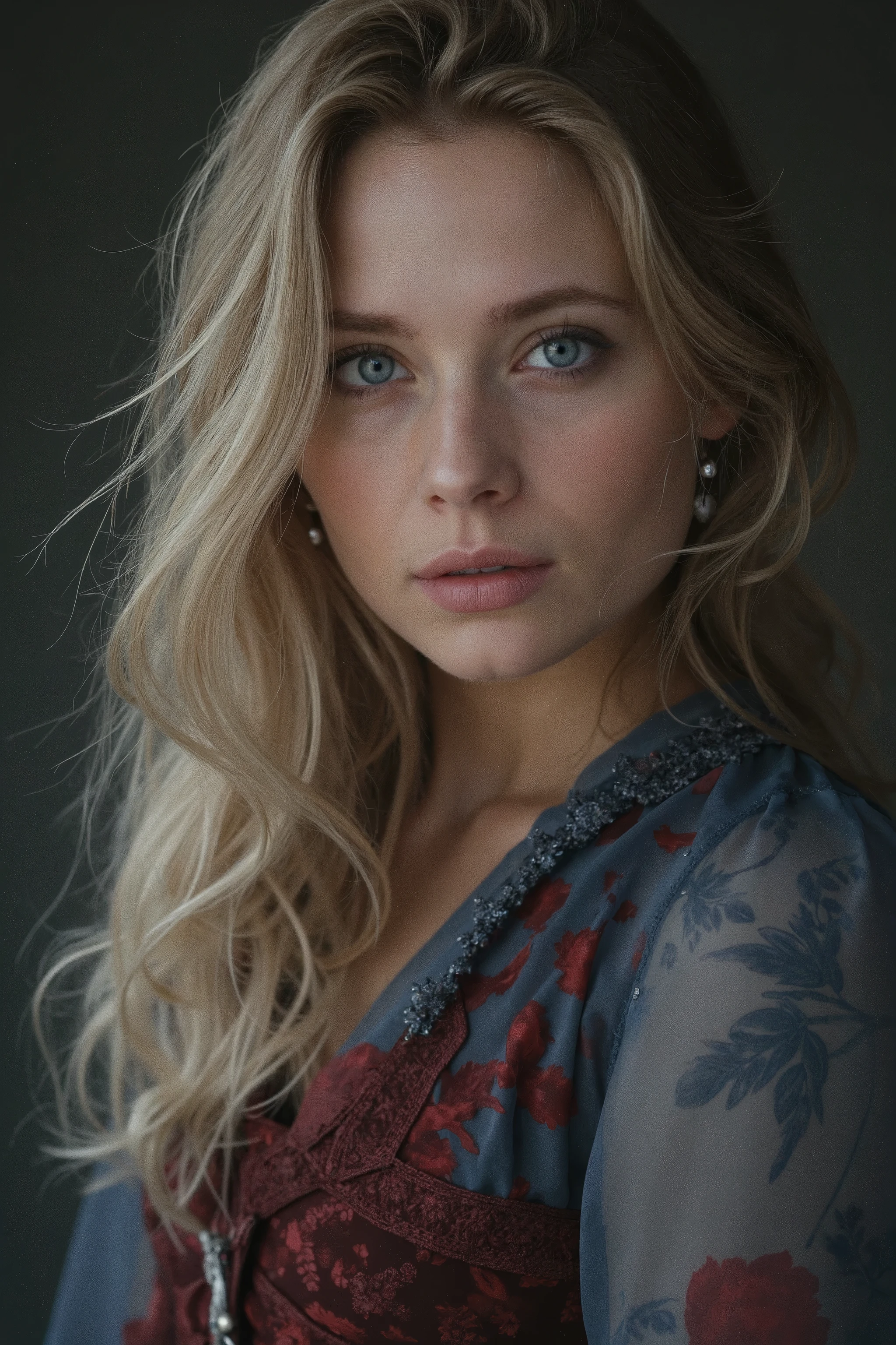 She's a strikingly beautiful woman in her early twenties, with long flowing wheat blonde hair that gives off an elegant icy sheen. Her eyes are hypnotic, a stunning shade of deep ocean blue and startling ice grey. There's something soft and romantic about her, yet intense and intimate. Her skin is porcelain-like, fair and pale as fresh snow, perfectly contrasting the deep crimson and deep indigo hues of her wardrobe. She wears tight corset blouses with bell bottom trousers and fitted vests. She's adorned in many ear piercings, all antique jewellery. Realistic, HD, Candid photo, Skin texture, natural lighting, ultra-detailed, photo-realistic, Detailed eyes.