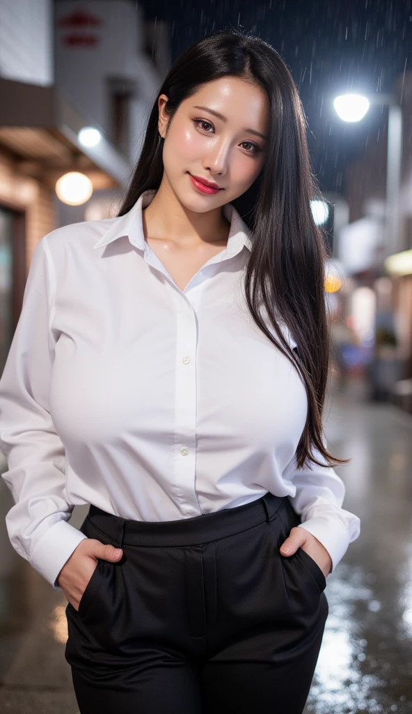 (8k, RAW photo, best quality, masterpiece:1.2), (realistic, photo-realistic:1.37), ultra-detailed, 1 girl,cute, solo,beautiful detailed sky,detailed cafe,night,sitting,dating,(nose blush),(smile:1.1),(closed mouth), gigantic droopy tits, seductive smile, large aperture, professional lighting, Sony A7R4, Zessie 50mm F1.8,beautiful detailed eyes,(collared open silk shite shirt:1.1),(long hair:1.2),floating straight hair