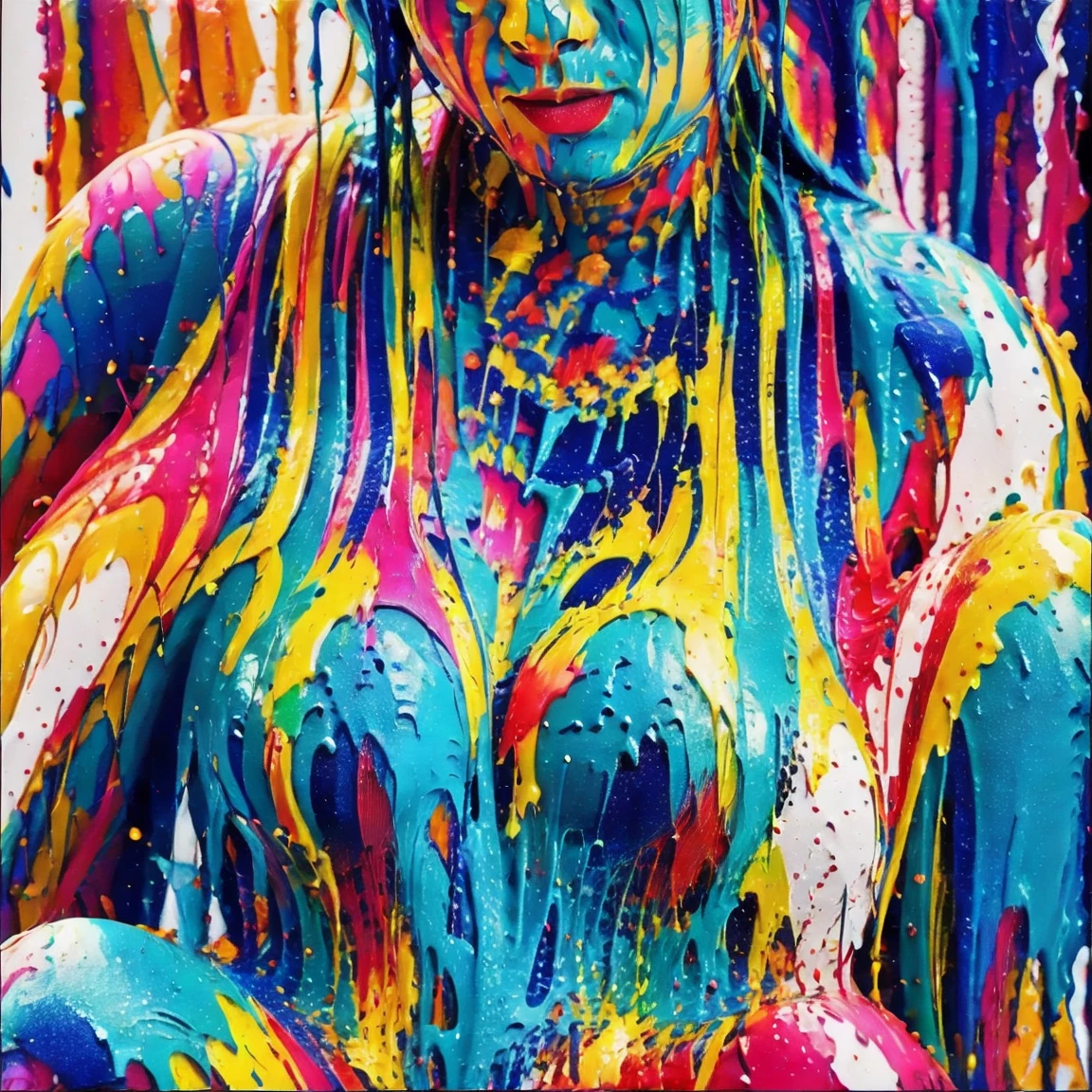 a woman with blue hair wearing a colorful outfit and a colorful background with paint splatters on it, by Hirohiko Araki,official art, unity 8k wallpaper, ultra detailed, beautiful and aesthetic, masterpiece, best quality, (zentangle, mandala, tangle, entangle), 1girl, extremely detailed, dynamic angle, cowboyshot, the most beautiful form of chaos, elegant, a brutalist designed, vivid colours, romanticism, by james jean, roby dwi antono, ross tran, francis bacon, michal mraz, adrian ghenie, petra cortright, gerhard richter, takato yamamoto, ashley wood, atmospheric, ??????? of musical notes, streaming musical notes visible