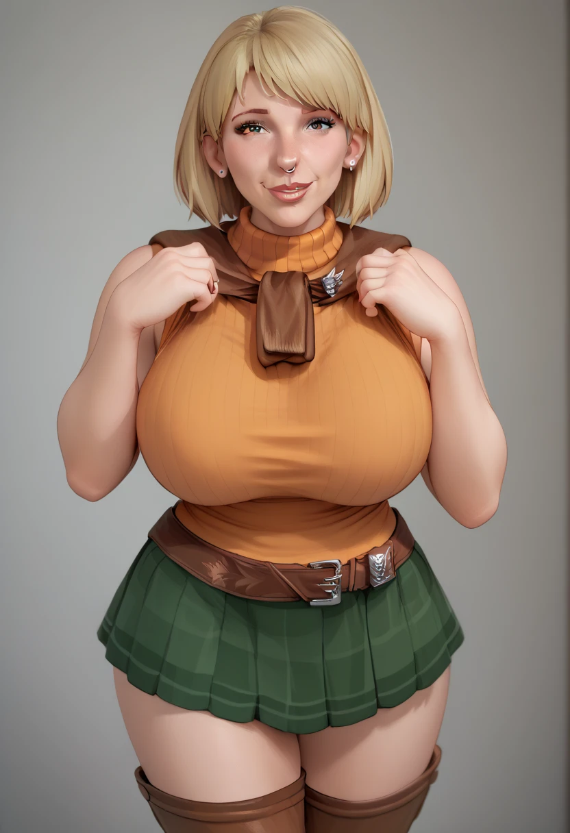 (masterpiece, best quality:1.2), orange ribbed turtleneck, sweater over shoulders, green plaid skirt, blonde hair, short hair, bob cut, light brown eyes, plump lips, huge breasts, belt<lora:ASHLEYCL4-15:0.8>