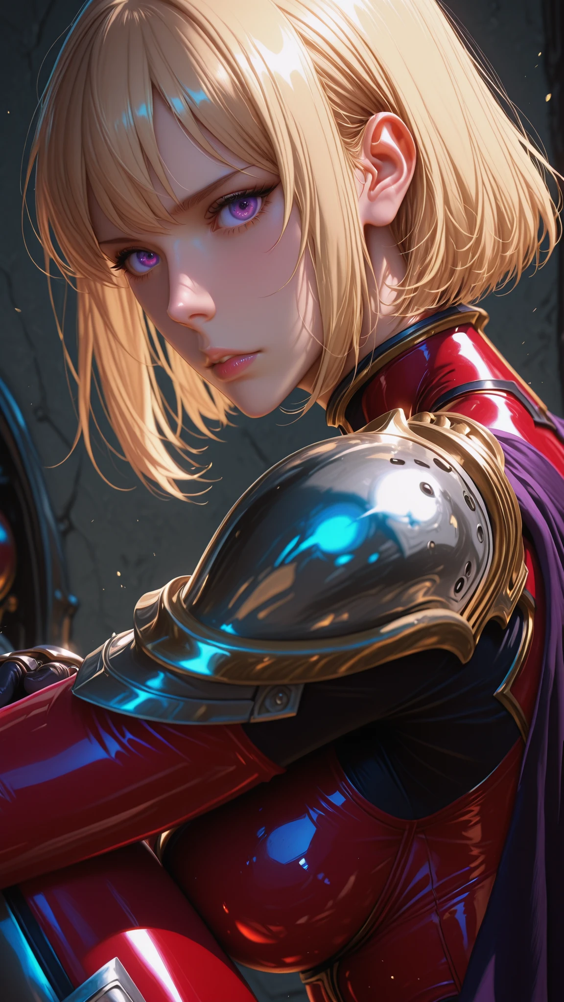 hunter outfit, red bodysuit, pauldrons, epaulettes, cape, gauntlets, black gloves, armored boots,
short hair, blonde hair, purple eyes, 
cha hae-in \(solo leveling\), half body view, looking at the viewer, side view
1girl, solo, Hype4realistic