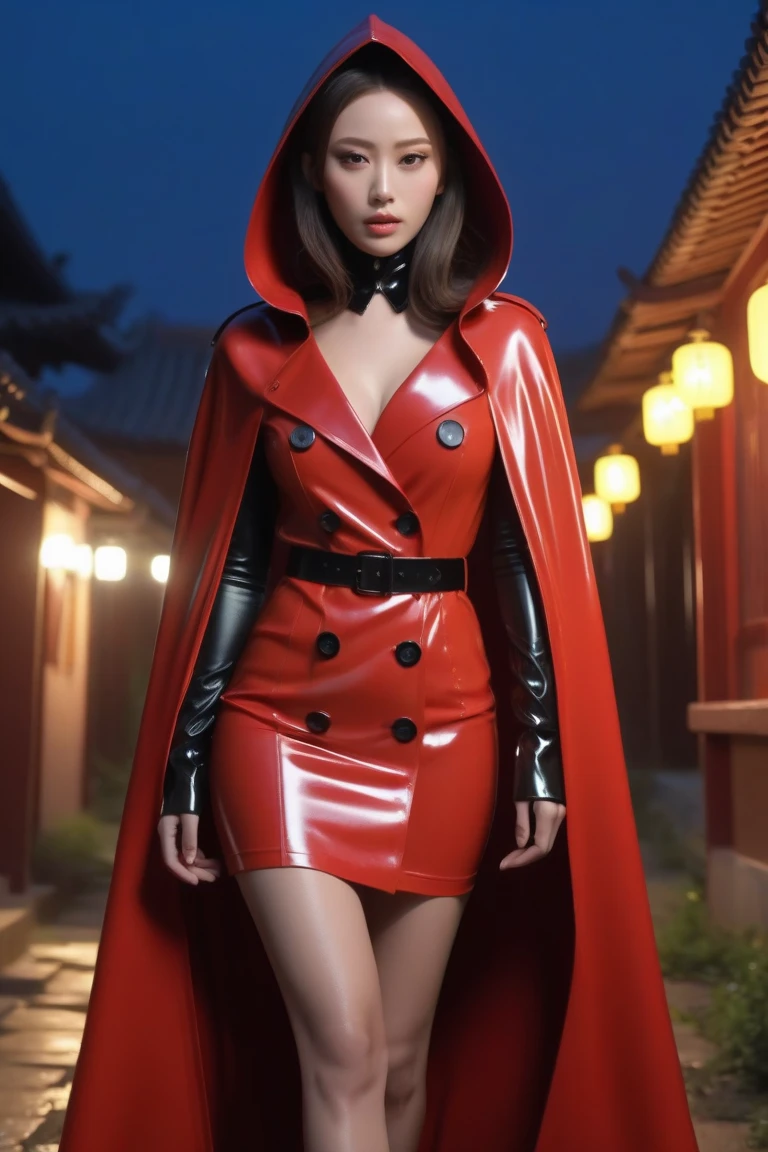 (1girl),ruby rose, wearing latex gloves, (black dress+long sleeves), (red cape), (pantyhose:0.9), Canon EOS R, deep bokeh, 80mm lens, night city, Brooklyn Bridge, neon lights, cinematic framing.