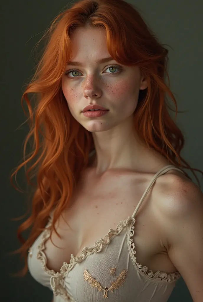 portrait of a beautiful teenager, small breasts, intricate dress, soft smile, red lips, ginger hair, green eyes, realism, digital painting, concept art, smooth, sharp focus, rule of thirds, Style-Psycho
