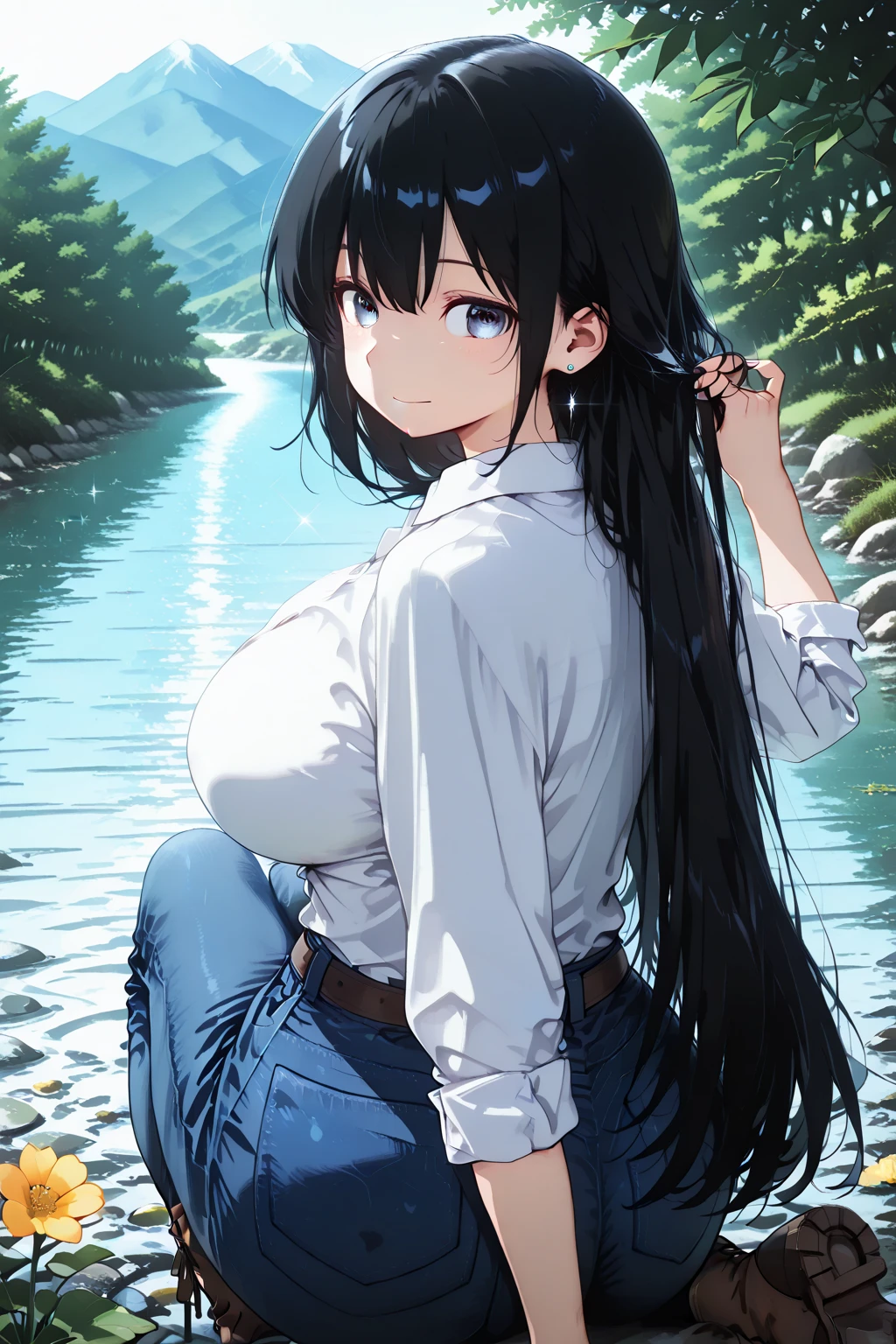 Woman drowning in a swamp(Sink to the waist),Muddy River, riverbed, cloudy, Uneasy atmosphere,Painful face,Beige shorts,ponytail,