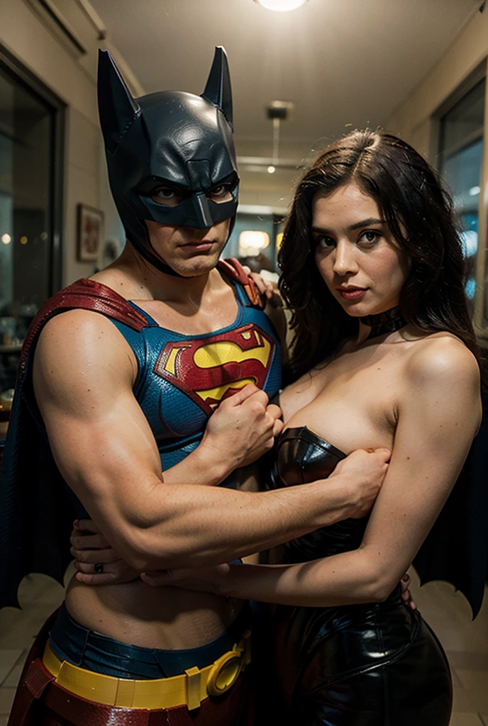 portrait of two people, Supergirl and superman, tom welling ang kristin kreuk, ((kissing)), wet body, sexy clothes, different hair color, hdr, slate atmosphere, cinematic, faded colors, dark shot, soft colors, grainy film, lut, insane details, intricate details, hyperdetailed, ((show breast, show nipples))