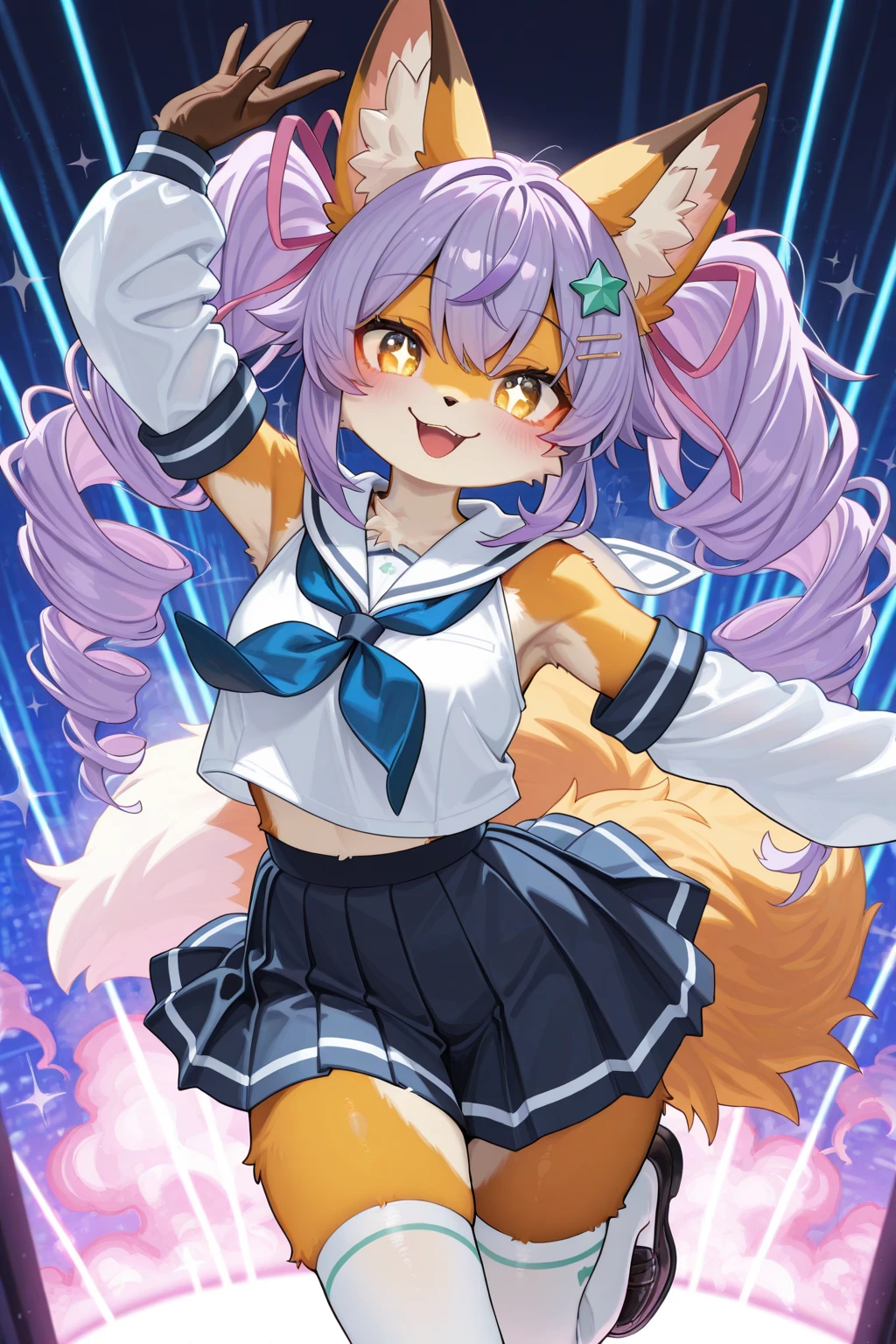 rvst, a woman wearing fur boots, anime girl, 8k, ecstatic expression, festival, beautiful, colorful, night, lasers
