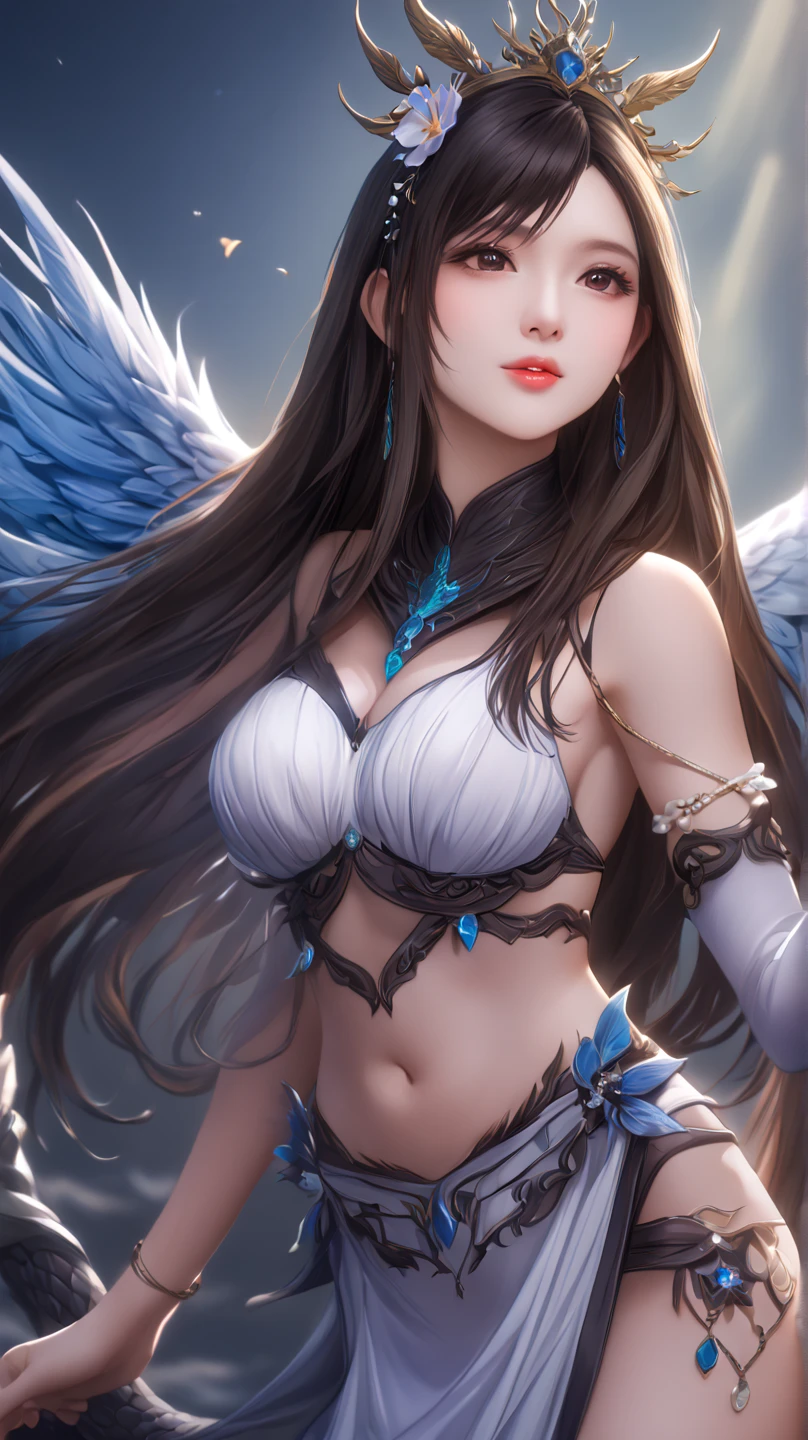 ((Need)), ((tmasterpiece)), (A detailed), Enchanting succubus, Ethereal beauty, Perched in clouds, (fantasy illustrations:1.3), Seductive gaze, captivating posture, delicate wings, otherworldly charm, Mysterious Sky, (Luis Royo:1.2), (Yoshitaka Amano:1.1), Moon Night, pastelcolor, (Detailed cloud view:1.3), (A high resolution:1.2)，Close-up shot，Close-up shot，Black eyes，Detailed beautiful eyes，angelicales，White wings，Dark  skin, big breast