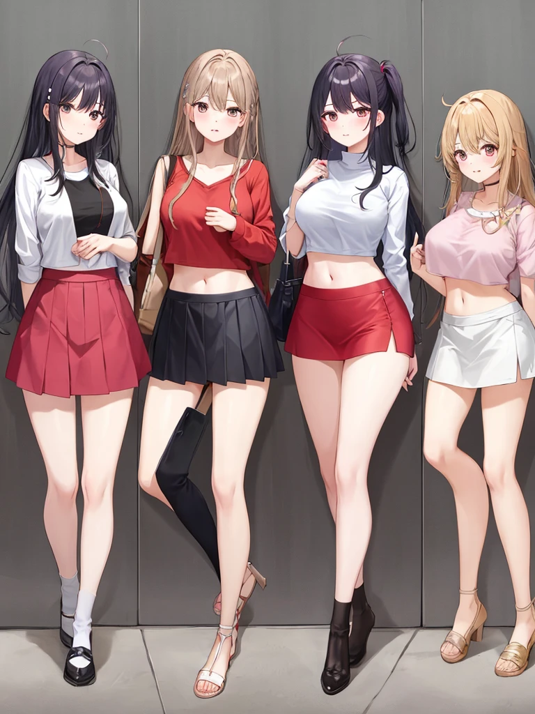 30's, open toed shoes, extremely long legs, hands in pockets, sexy knees, multiple milfs standing side by side, legs crossed, various hair lengths, various hair styles, various and creative hair colors (like red, blue, green etc.) ) , blonde, brunette, purple, orange pink, striped hair), various camel feet, various shapes, shifting from more clothes to less clothes from left to right