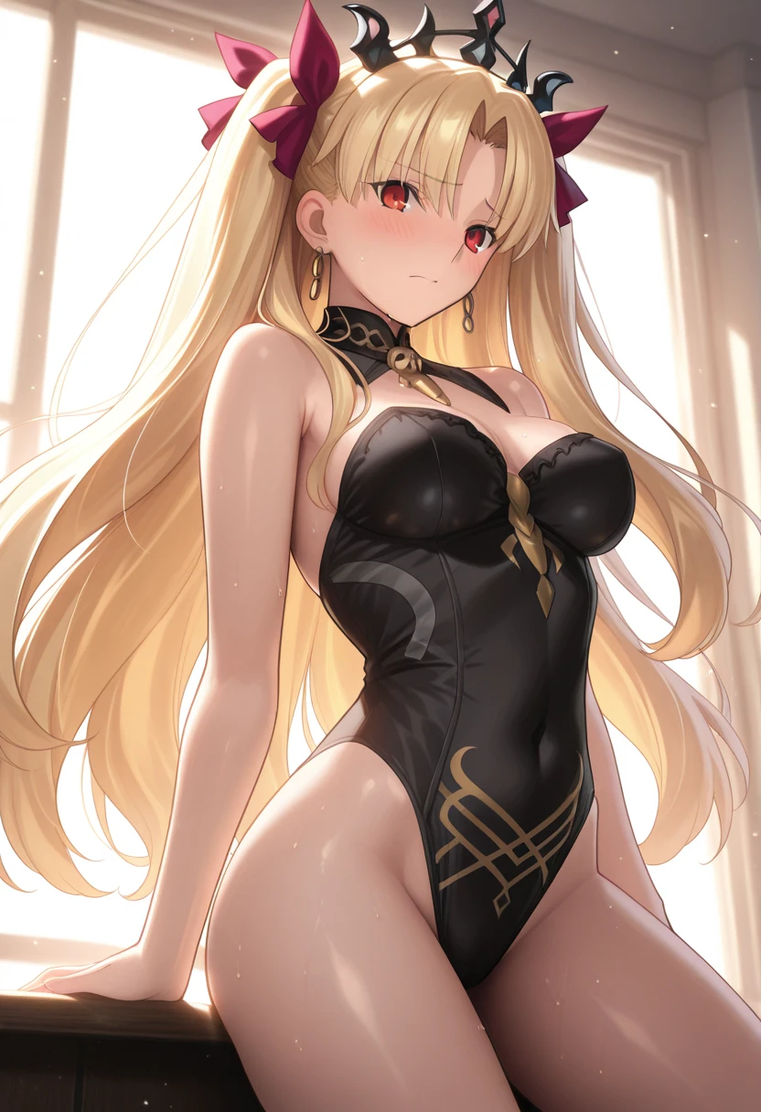 ((BLACK BACKGROUND1:2)) masterpiece, best quality, high quality, 1solo white SKIN elf, long hair, blonde hair, yellow eyes, full body, black bikini, looking at viewer, shiny, black thighhighs, high boots,shoulder armor, faulds, poleyn, gloves, gauntlets, FEET TOGETHER STANDING SYMMETRICAL, female elf big knockers bikini