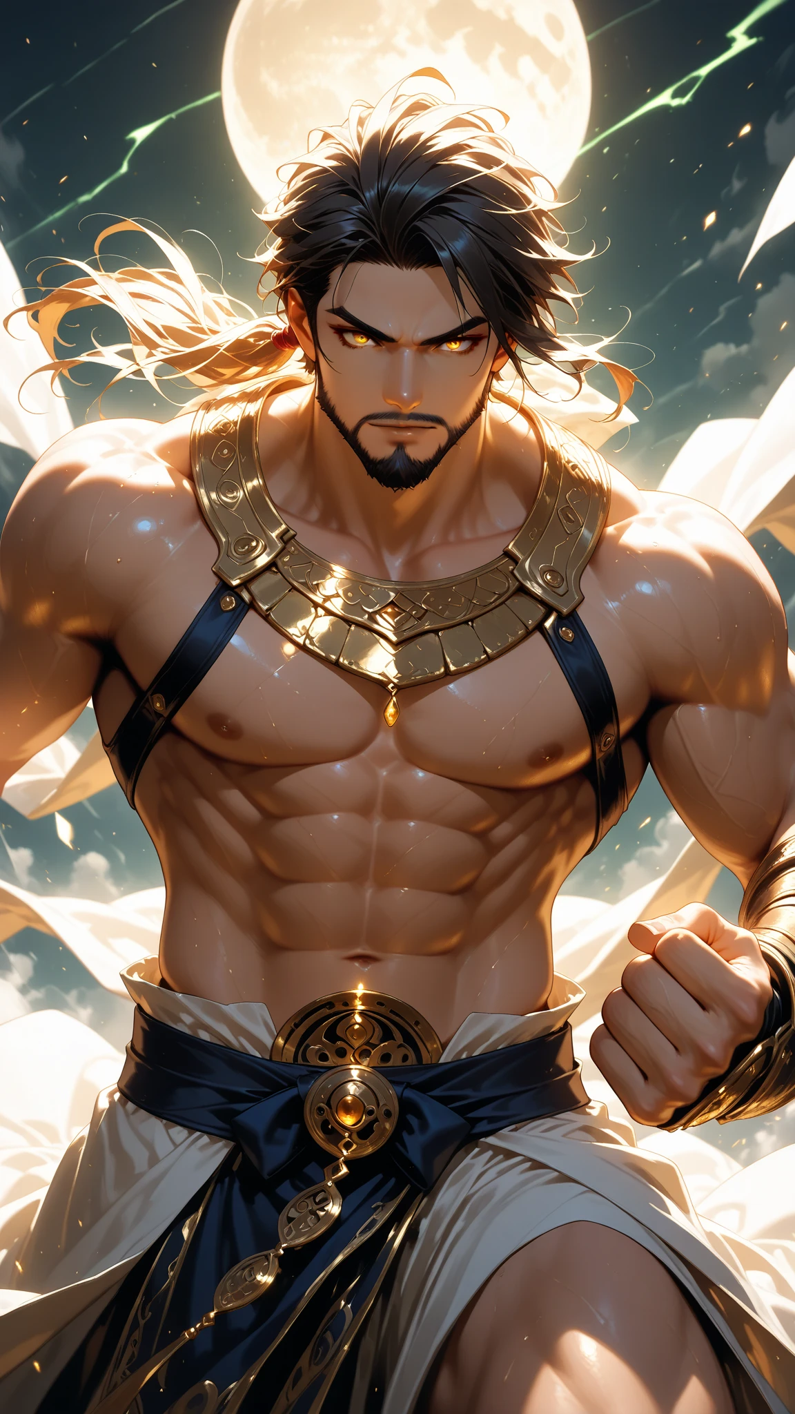 (8k,photorrealistic　RAW photograph　Maximum quality;1.4) (1 Korean) Super handsome king of the underworld　(lifelike face) 　(light brown hair with blue tips ,  medium hair in the wind)　slenderbody　Hairy muscular virile and macho　big pink eyes　aristocratic attire without clothes　Decoration of clear waters in the wind　Fangs peeking out of the mouth　Pointed claws　a seductive gaze　Beautiful expression　A hyper-realistic　(King of the Underworld)　appealing　(real looking skin)　super high resolution　high detail a silk towel around the hip　Seductive aura emanating from the body　effect without cover 