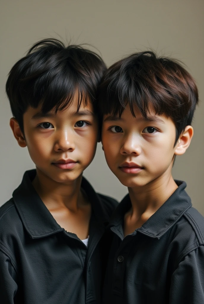 Children 2 Korean ascending twin boys 7 years realistic black eyes black hair