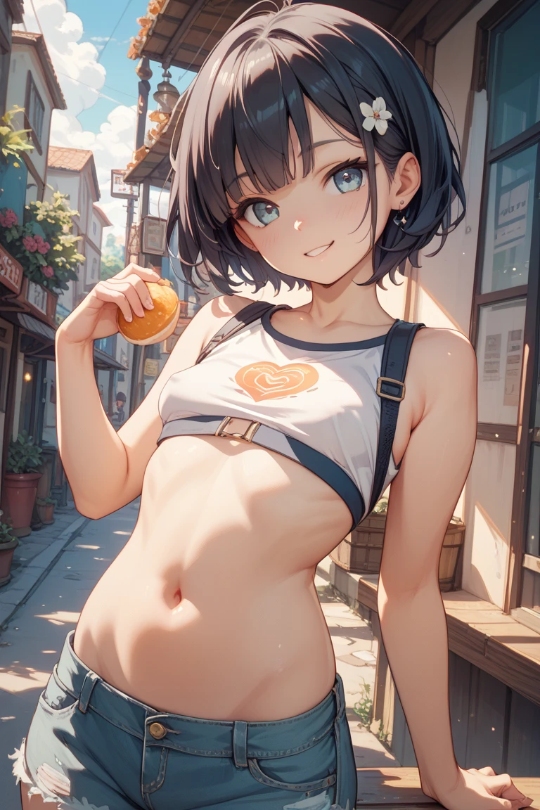 masterpiece, detailed, high quality, absurdres, 1girl, solo, petite, small breasts, curvy, (narrow waist:1.2, wide hips:1.3), thick thighs,
BREAK brown hair, medium hair, bangs, sidelocks, (hair over one eye), red eye, parted lips,
BREAK  light golden rod yellow tube top, taut shirt  winter coat, orange miniskirt, strawberry print side-tie panties, earrings,
BREAK legs apart, stretching,